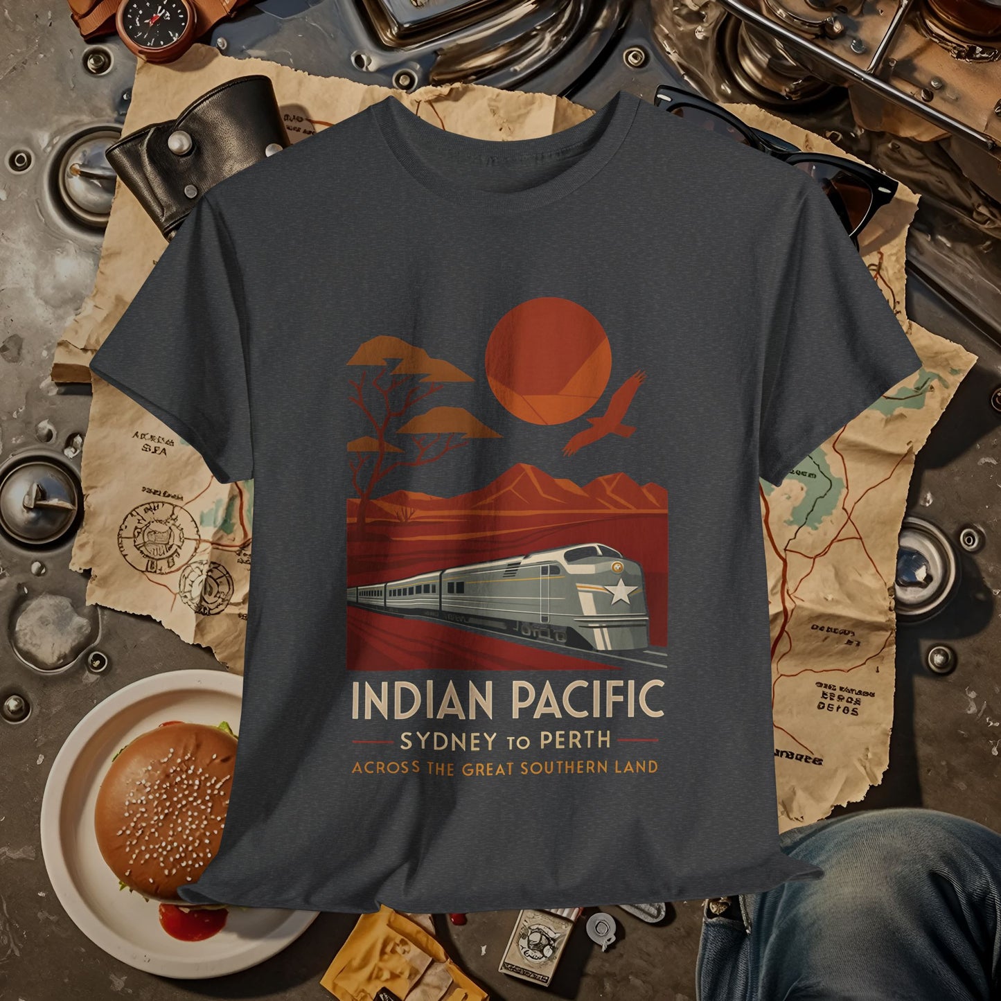 Australian Indian Pacific – Art Deco Desert Crossing Train Tee Road Trip & Vehicle Travel T-Shirts | Car, RV, and Motorcycle Adventure Tees