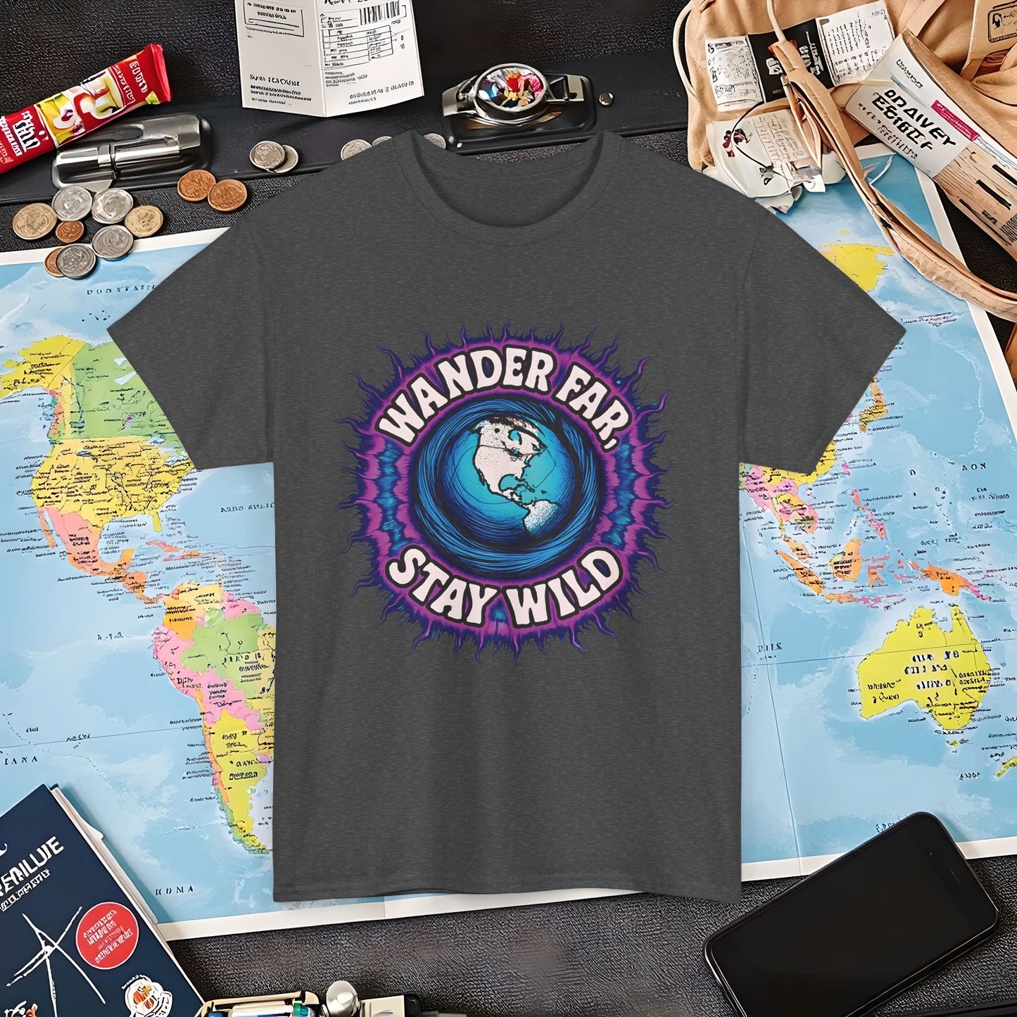 Wander Far, Stay Wild T-Shirt – Globe Burst Adventure Design Air Travel T-Shirts | Jetsetter, Airport, and International Flight Tees
