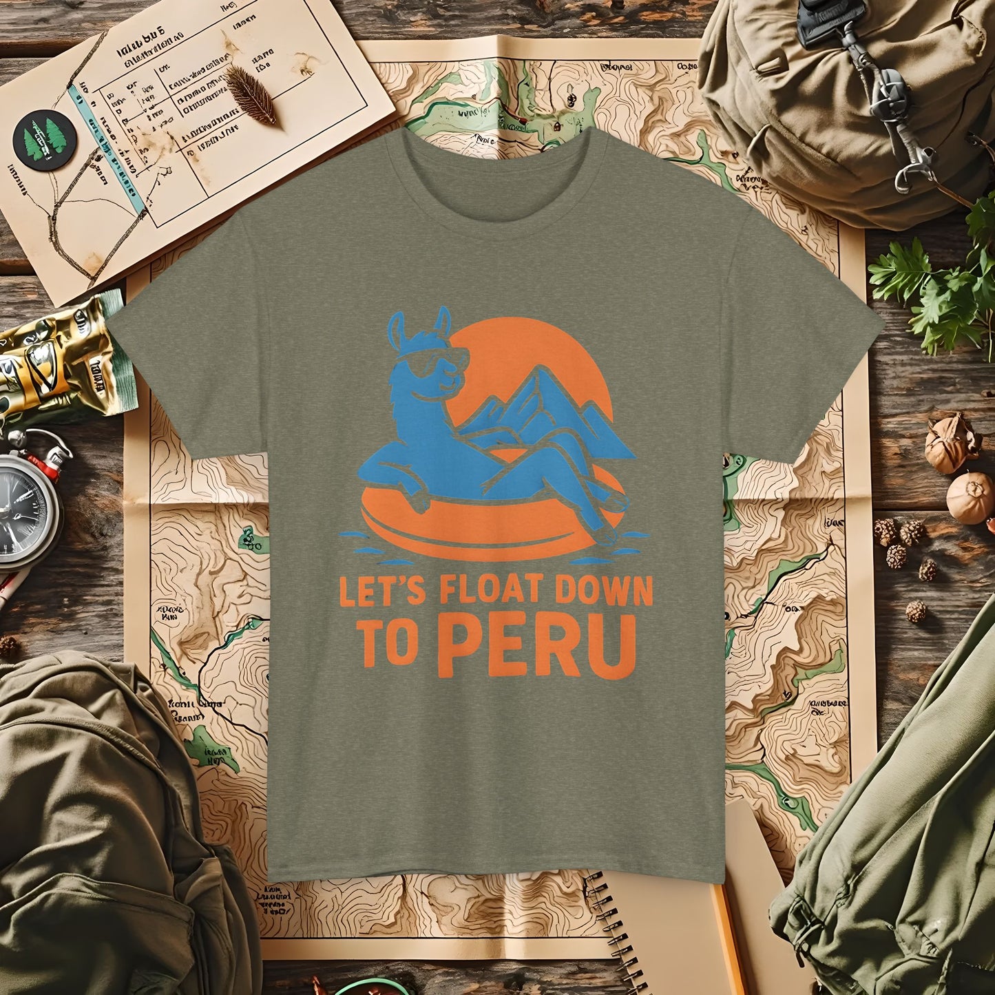 Let’s Float Down to Peru T-Shirt – Chill Llama on Inner Tube and Andes Sunset Outdoor Adventure T-Shirts | Camping, Hiking, Rafting & Kayaking Tees for Nature Lovers