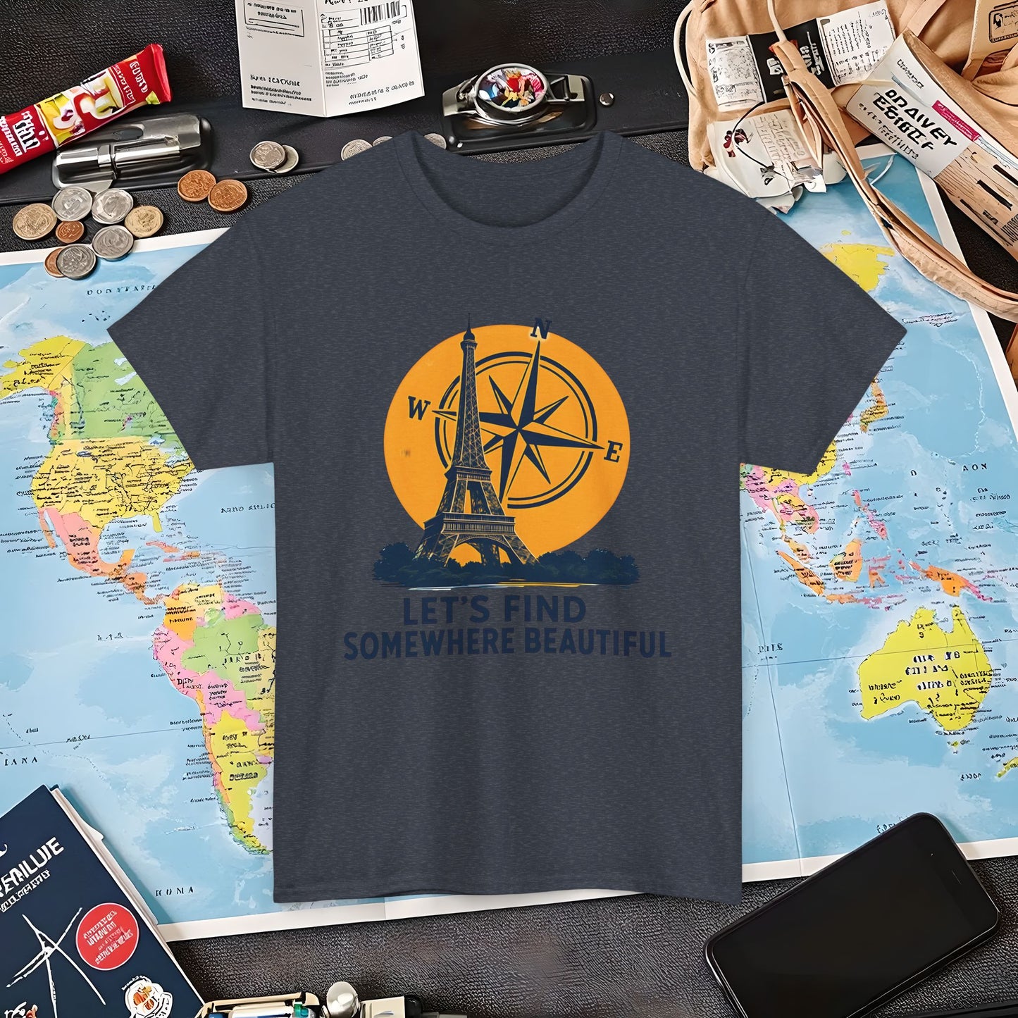 Eiffel Tower and Compass T-Shirt – Let’s Find Somewhere Beautiful Adventure Design Air Travel T-Shirts | Jetsetter, Airport, and International Flight Tees