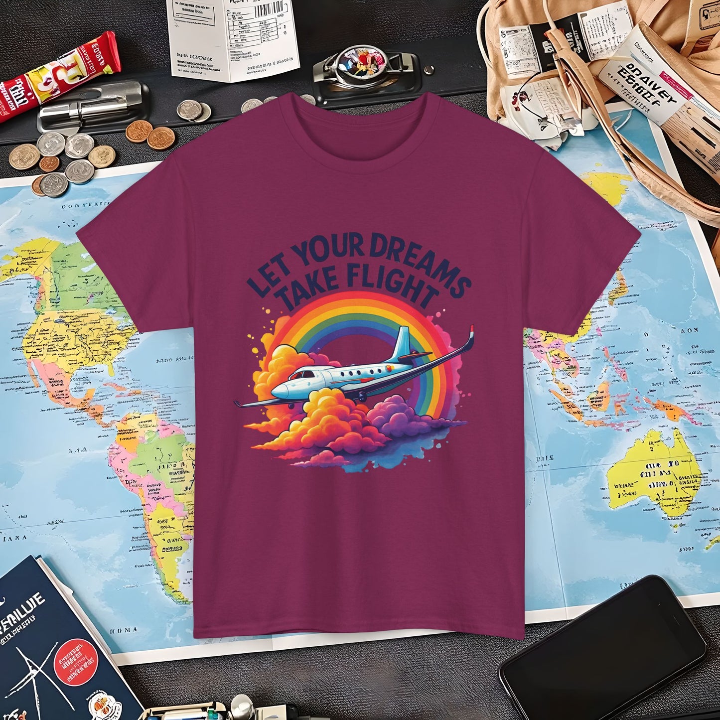 Let Your Dreams Take Flight T-Shirt – Airplane with Rainbow Trail Design Air Travel T-Shirts | Jetsetter, Airport, and International Flight Tees
