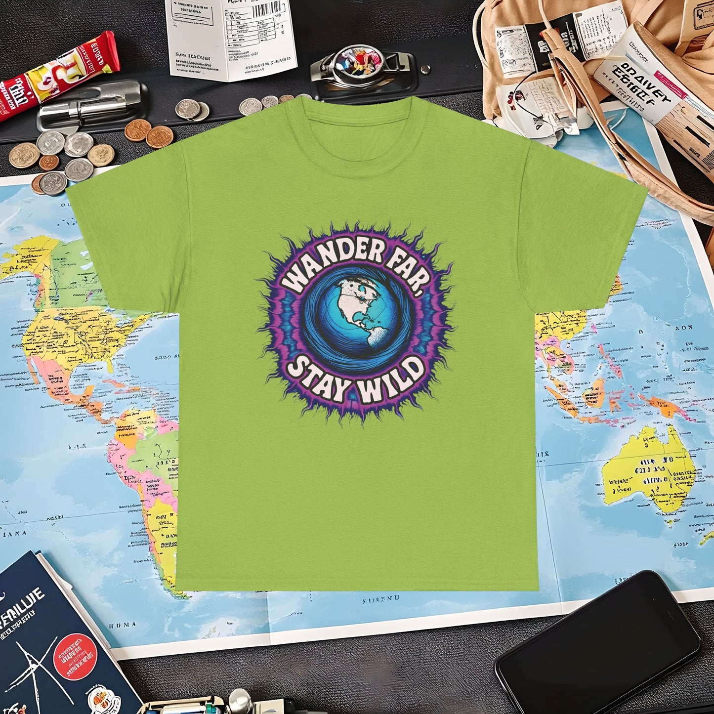 Wander Far, Stay Wild T-Shirt – Globe Burst Adventure Design Air Travel T-Shirts | Jetsetter, Airport, and International Flight Tees