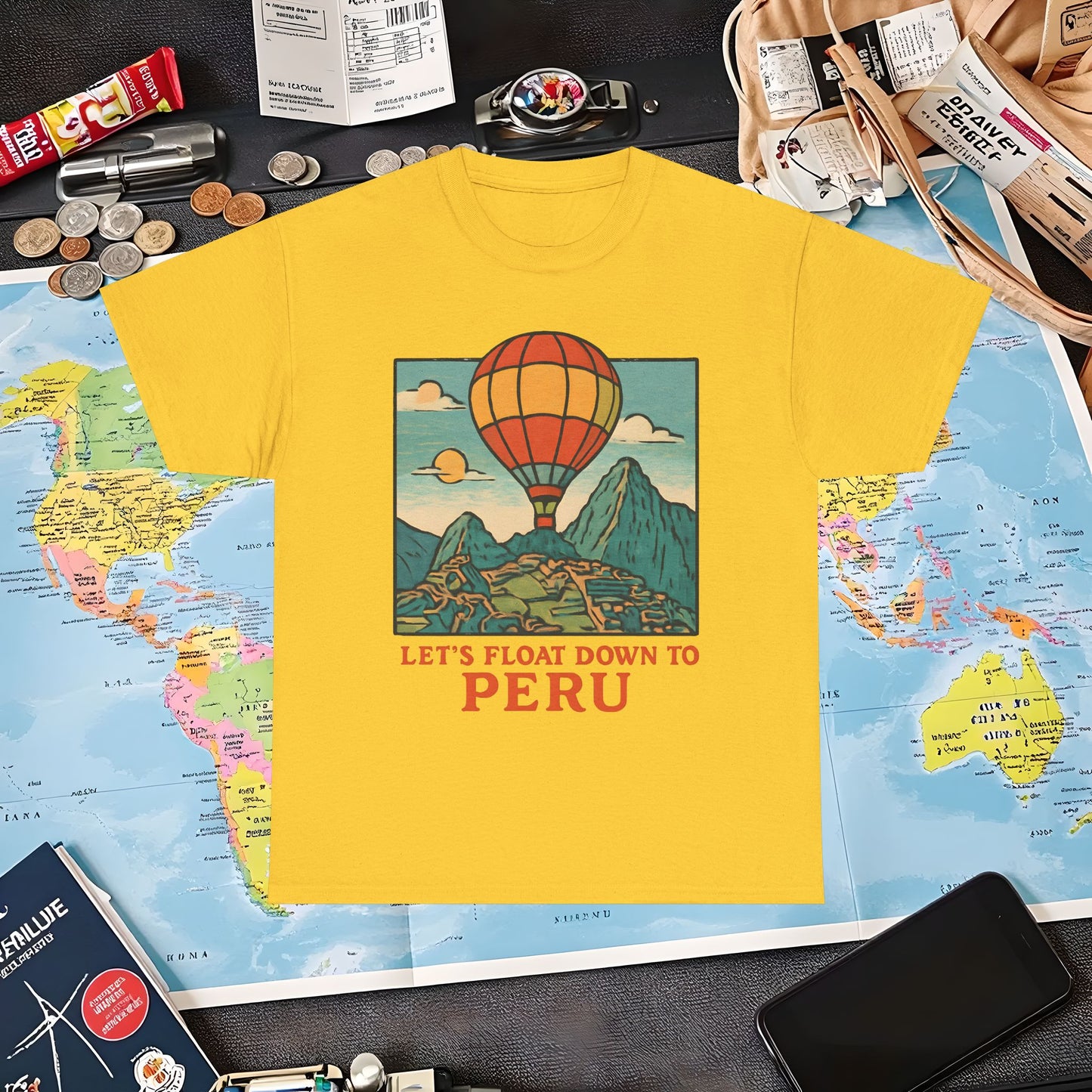Let’s Float Down to Peru T-Shirt – Vintage Hot-Air Balloon Over Machu Picchu Design Air Travel T-Shirts | Jetsetter, Airport, and International Flight Tees