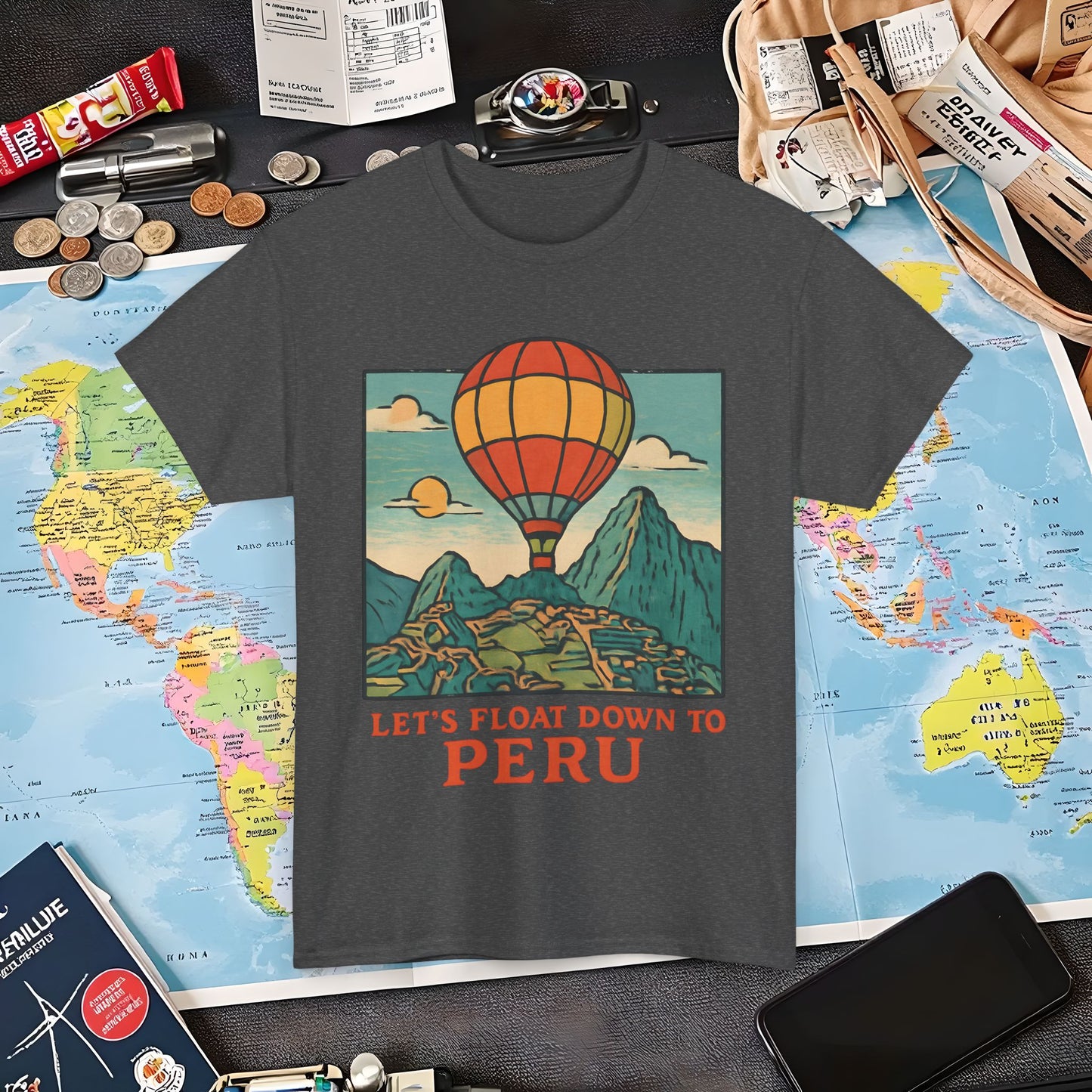 Let’s Float Down to Peru T-Shirt – Vintage Hot-Air Balloon Over Machu Picchu Design Air Travel T-Shirts | Jetsetter, Airport, and International Flight Tees