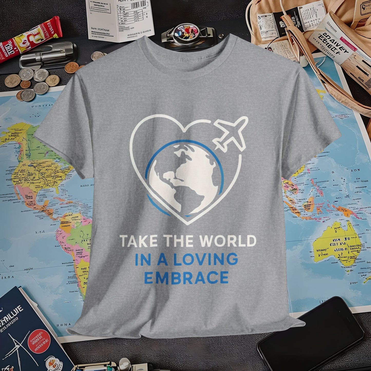 Take the World in a Loving Embrace T-Shirt – Heart in Flight Over Globe Design Air Travel T-Shirts | Jetsetter, Airport, and International Flight Tees