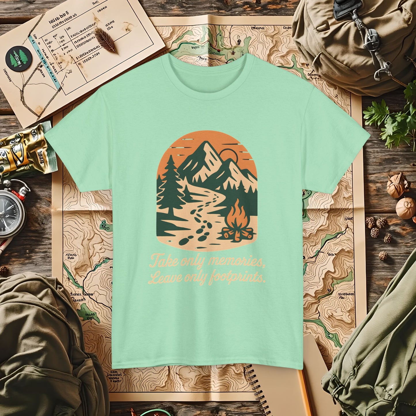 Take Only Memories, Leave Only Footprints — Sunset Mountain Trail Adventure Badge T-Shirt | Camping, Hiking, Rafting & Kayaking Tees for Nature Lovers