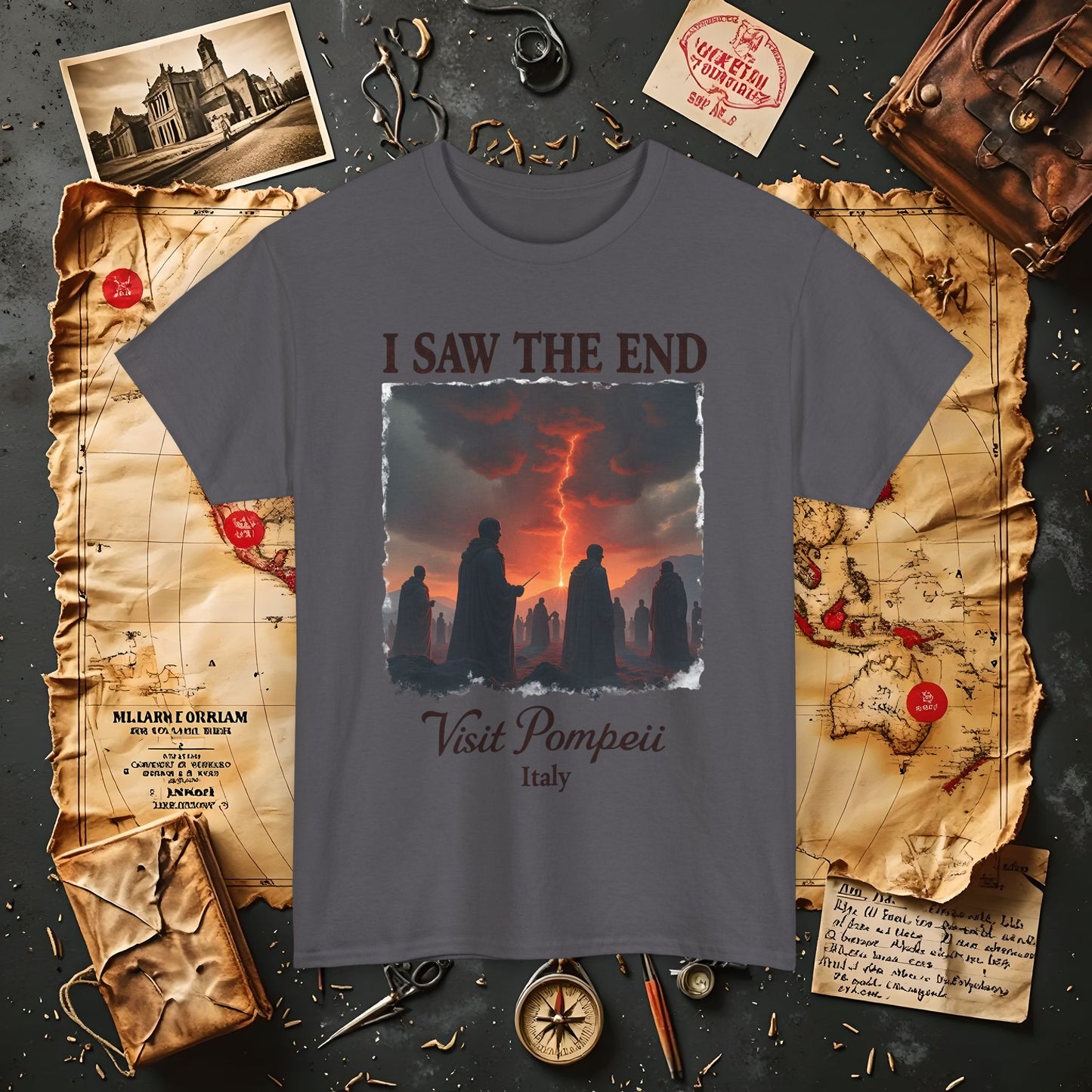 Pompeii Memories T-Shirt – Dark Tourism Shirt with Volcano Eruption Silhouette Art