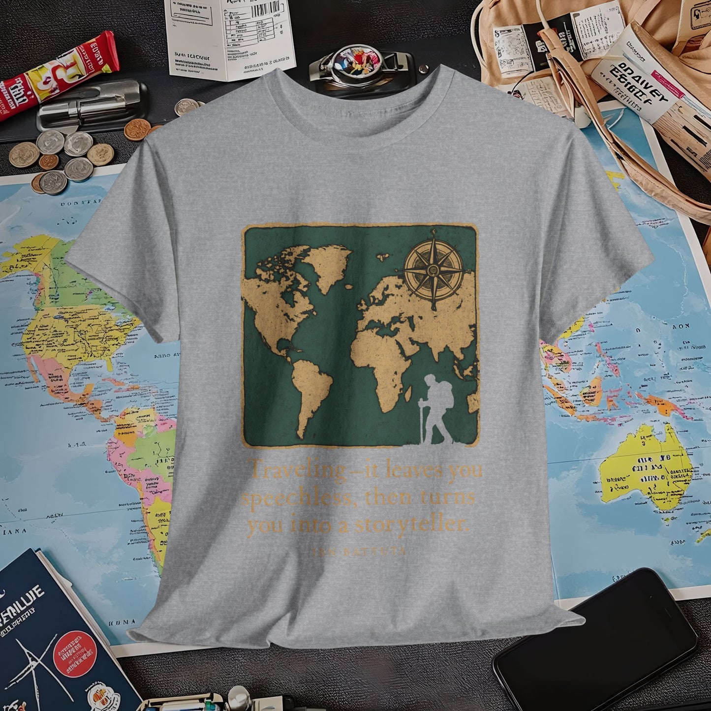 Speechless to Storyteller – Vintage Map Wanderlust Quote Tee Air Travel T-Shirts | Jetsetter, Airport, and International Flight Tees