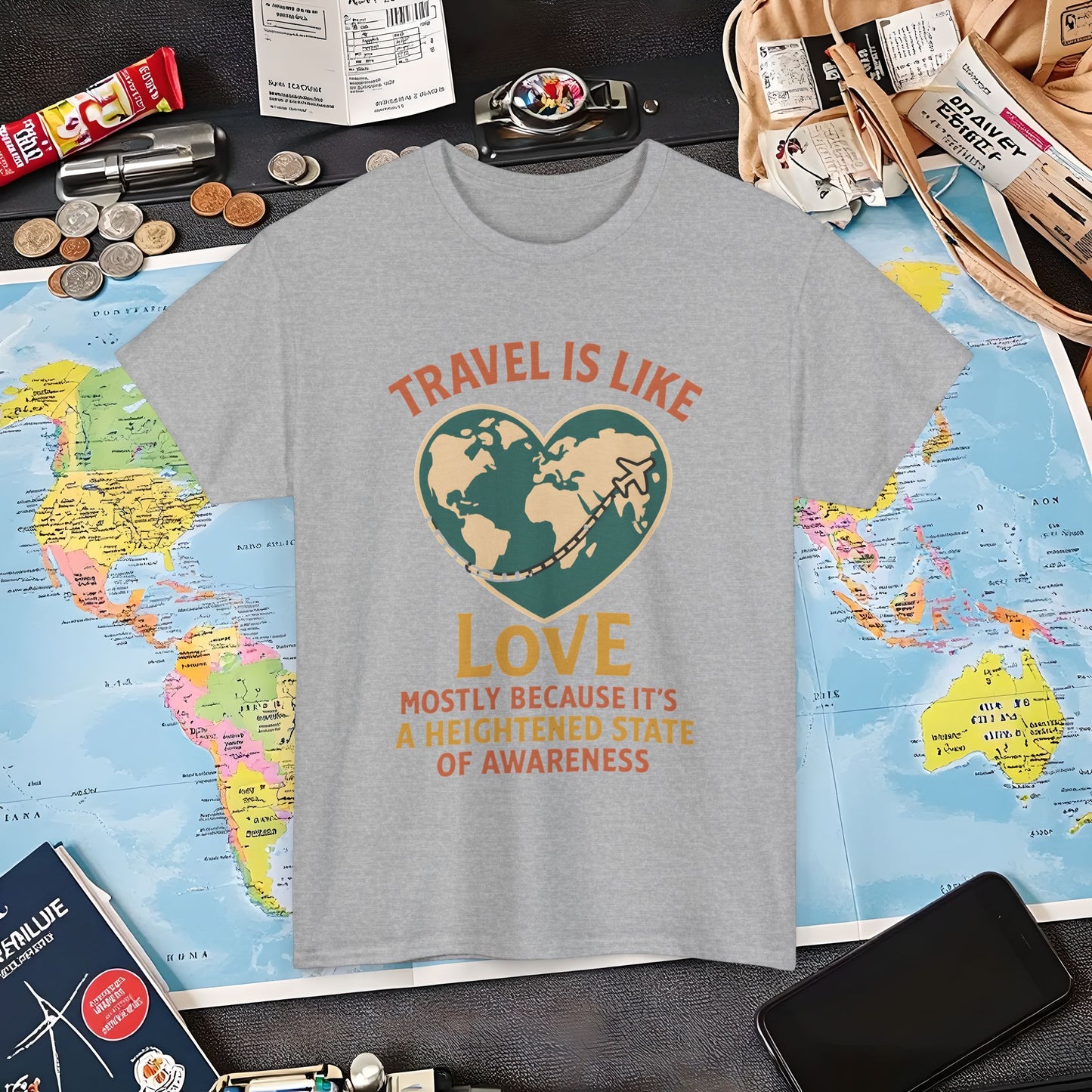 Travel Is Like Love – Heart Map Quote Tee with Airplane Path | Layover Club Air Travel T-Shirts | Jetsetter, Airport, and International Flight Tees