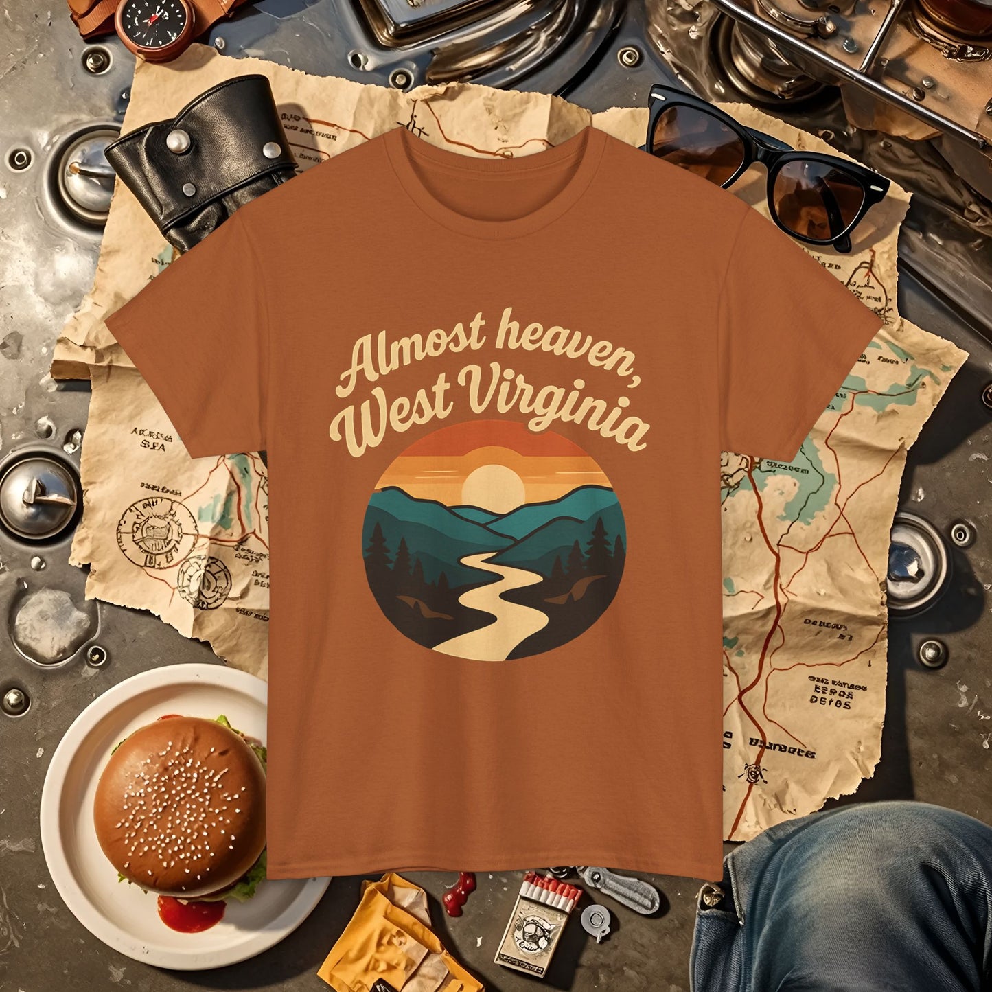 Almost Heaven, West Virginia T-Shirt – Vintage Appalachian Sunset with Winding River Road Trip & Vehicle Travel T-Shirts | Car, RV, and Motorcycle Adventure Tees