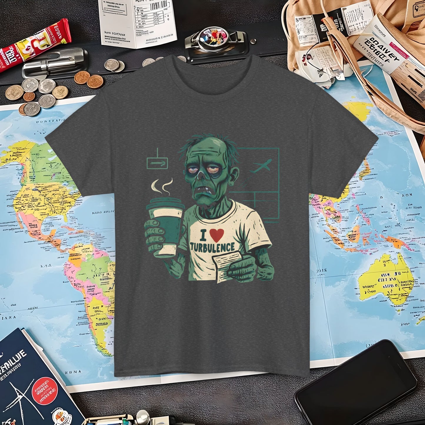 I Love Turbulence – Exhausted Zombie Traveler Coffee Tee Air Travel T-Shirts | Jetsetter, Airport, and International Flight Tees