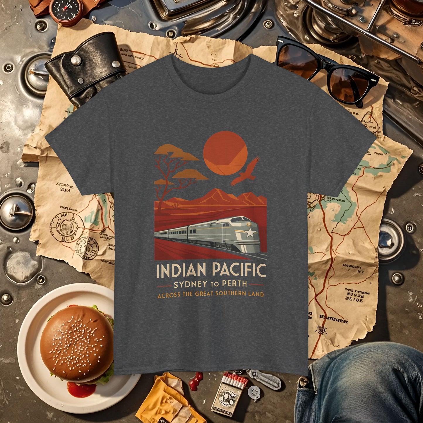 Australian Indian Pacific – Art Deco Desert Crossing Train Tee Road Trip & Vehicle Travel T-Shirts | Car, RV, and Motorcycle Adventure Tees
