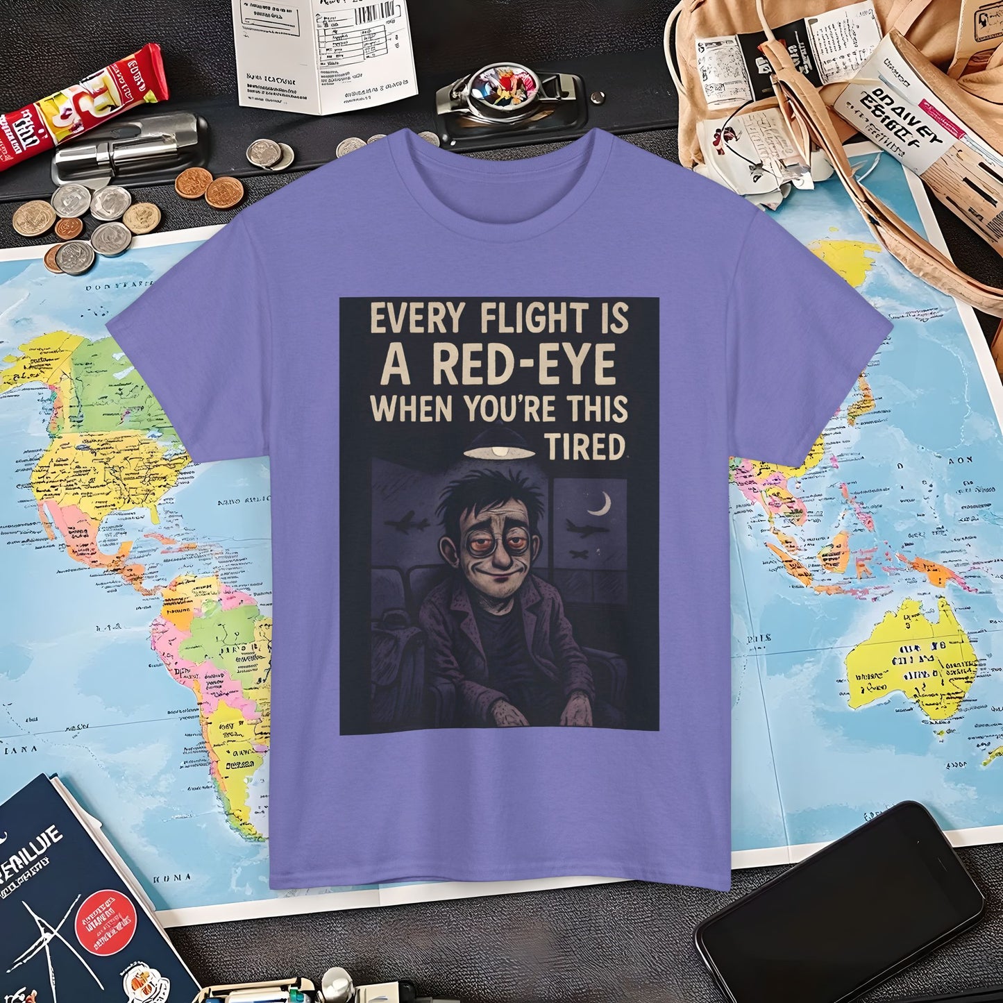 Every Flight Is a Red Eye Tee – Exhausted Traveler Comic Noir Shirt Air Travel T-Shirts | Jetsetter, Airport, and International Flight Tees