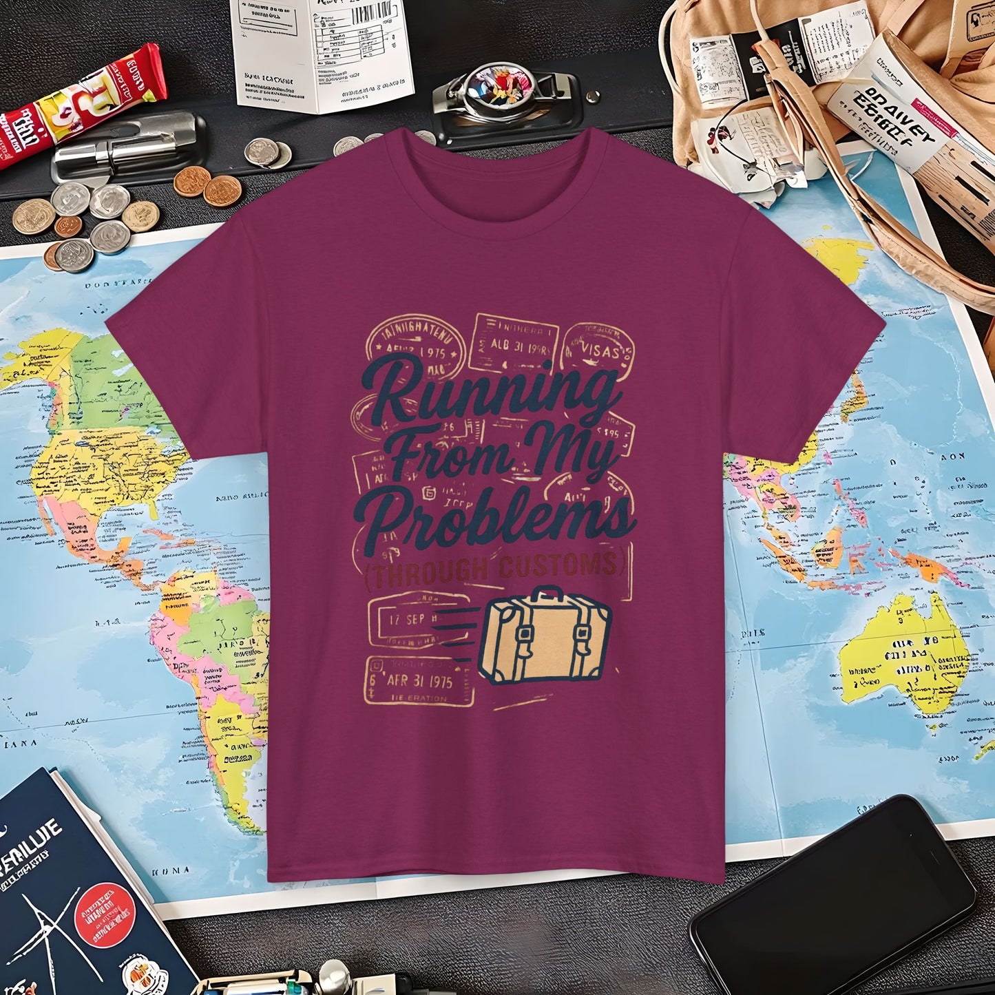 Running From My Problems Through Customs – Vintage Travel Quote Tee with Passport Stamps Air Travel T-Shirts | Jetsetter, Airport, and International Flight Tees