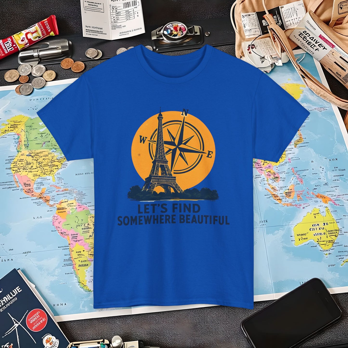 Eiffel Tower and Compass T-Shirt – Let’s Find Somewhere Beautiful Adventure Design Air Travel T-Shirts | Jetsetter, Airport, and International Flight Tees