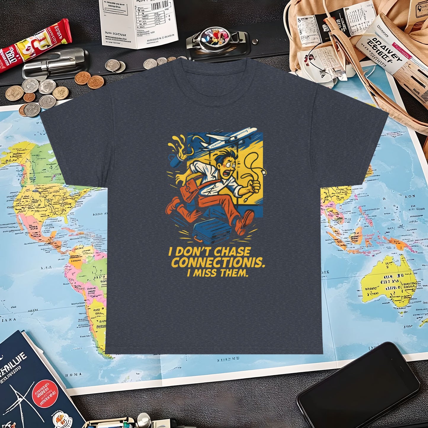 I Don’t Chase Connections, I Miss Them – Frantic Airport Traveler Tee Air Travel T-Shirts | Jetsetter, Airport, and International Flight Tees