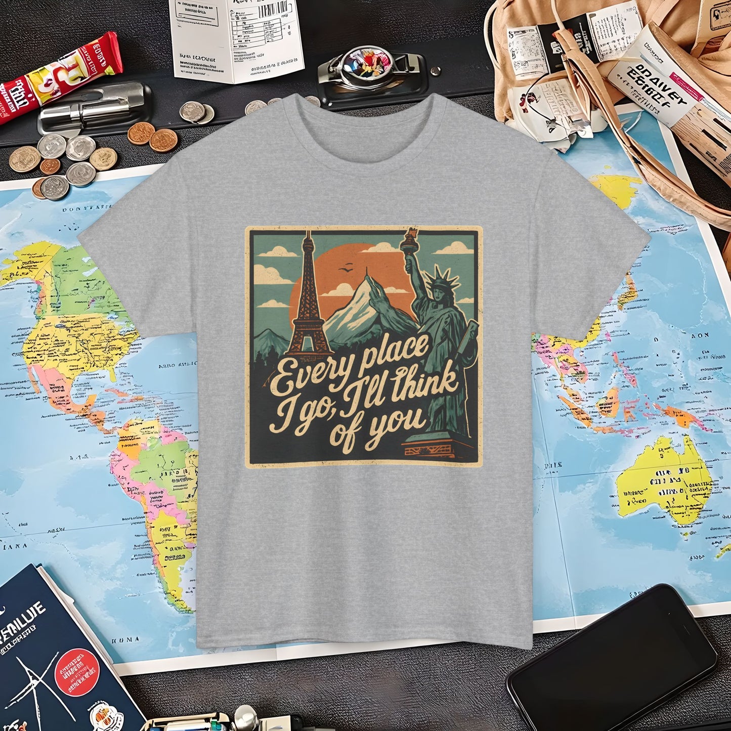 Every Place I Go, I’ll Think of You T-Shirt – Vintage Postcard Travel Collage with Iconic Landmarks Air Travel T-Shirts | Jetsetter, Airport, and International Flight Tees