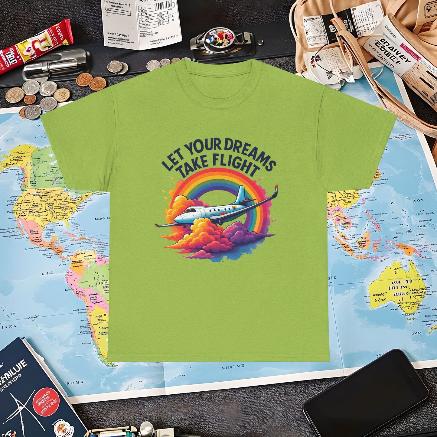 Let Your Dreams Take Flight T-Shirt – Airplane with Rainbow Trail Design Air Travel T-Shirts | Jetsetter, Airport, and International Flight Tees