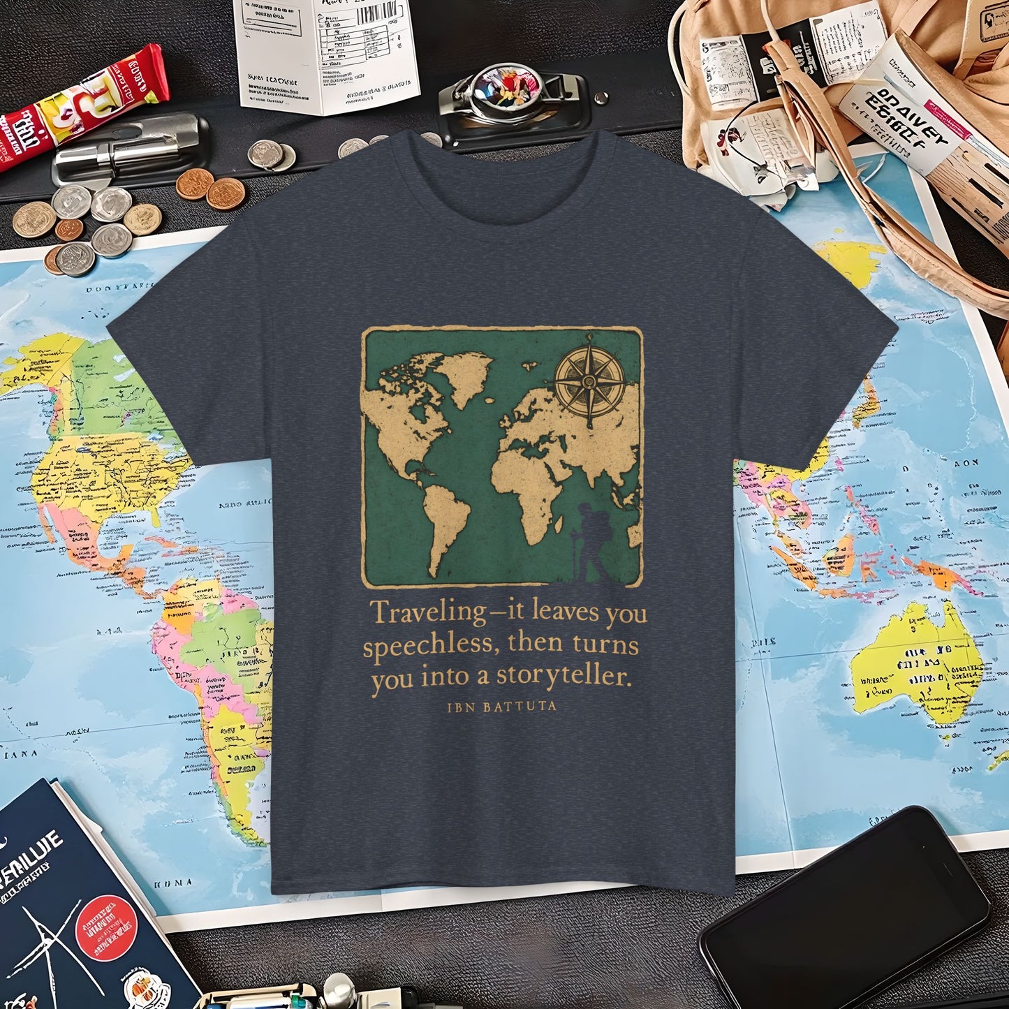 Speechless to Storyteller – Vintage Map Wanderlust Quote Tee Air Travel T-Shirts | Jetsetter, Airport, and International Flight Tees