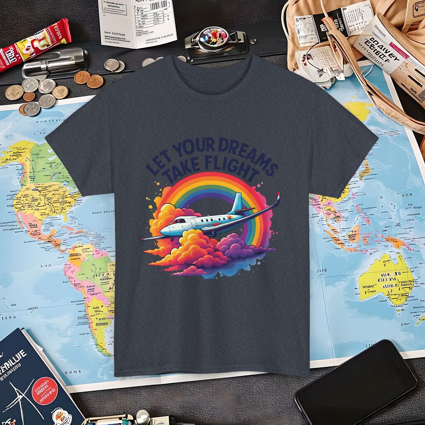 Let Your Dreams Take Flight T-Shirt – Airplane with Rainbow Trail Design Air Travel T-Shirts | Jetsetter, Airport, and International Flight Tees