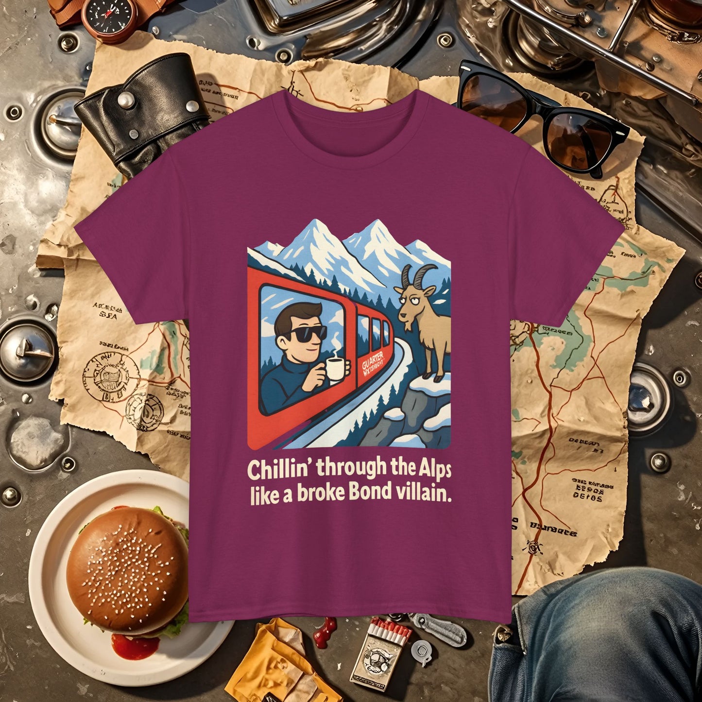 Glacier Express Chill Tee – Skeptical Goat in the Alps Vibe Road Trip & Vehicle Travel T-Shirts | Car, RV, and Motorcycle Adventure Tees