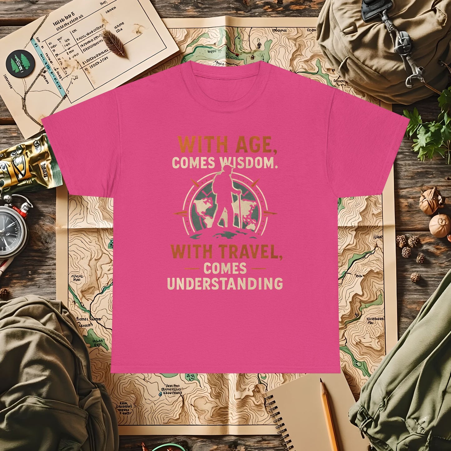 With Age Comes Wisdom, With Travel Comes Understanding Tee – Explorer Compass Design | Camping, Hiking, Rafting & Kayaking Tees for Nature Lovers