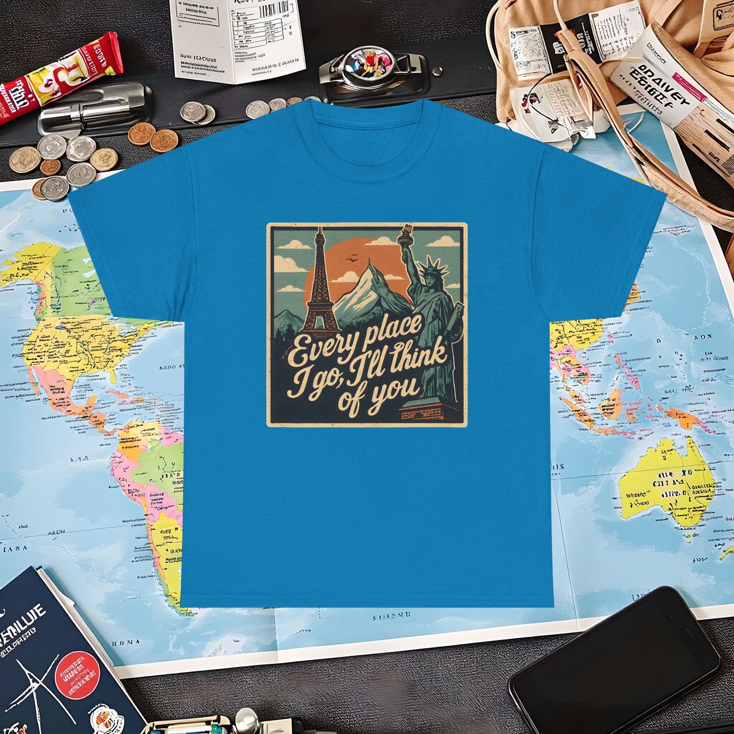 Every Place I Go, I’ll Think of You T-Shirt – Vintage Postcard Travel Collage with Iconic Landmarks Air Travel T-Shirts | Jetsetter, Airport, and International Flight Tees