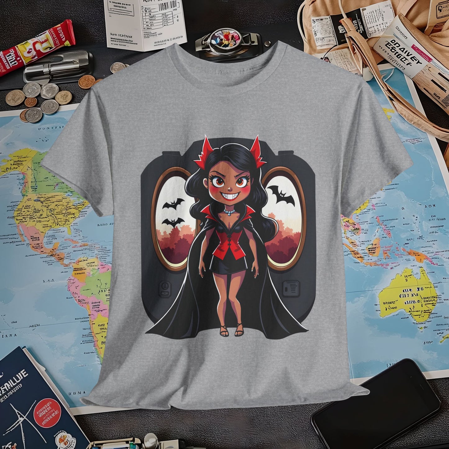 Vampire Flight Attendant T-Shirt – Gothic Girl with Bats Flying Outside the Plane Air Travel T-Shirts | Jetsetter, Airport, and International Flight Tees