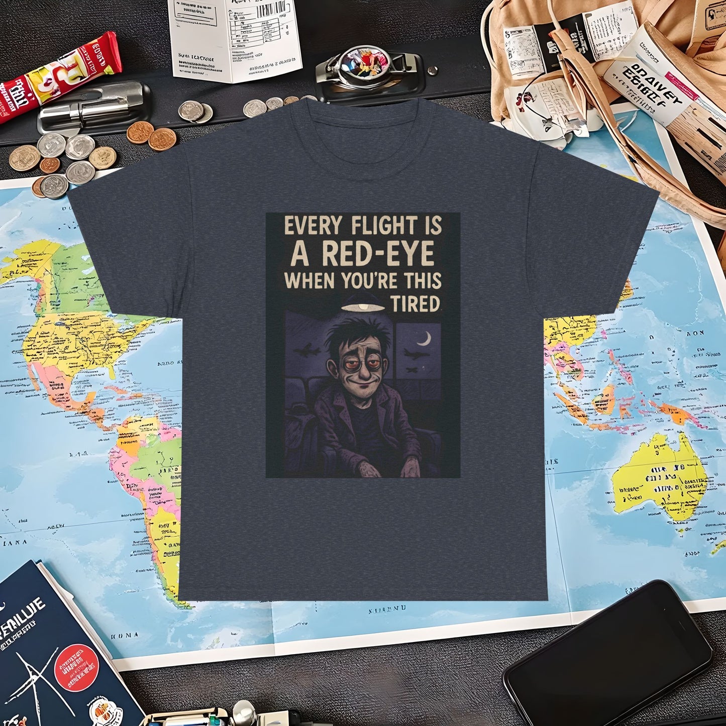 Every Flight Is a Red Eye Tee – Exhausted Traveler Comic Noir Shirt Air Travel T-Shirts | Jetsetter, Airport, and International Flight Tees