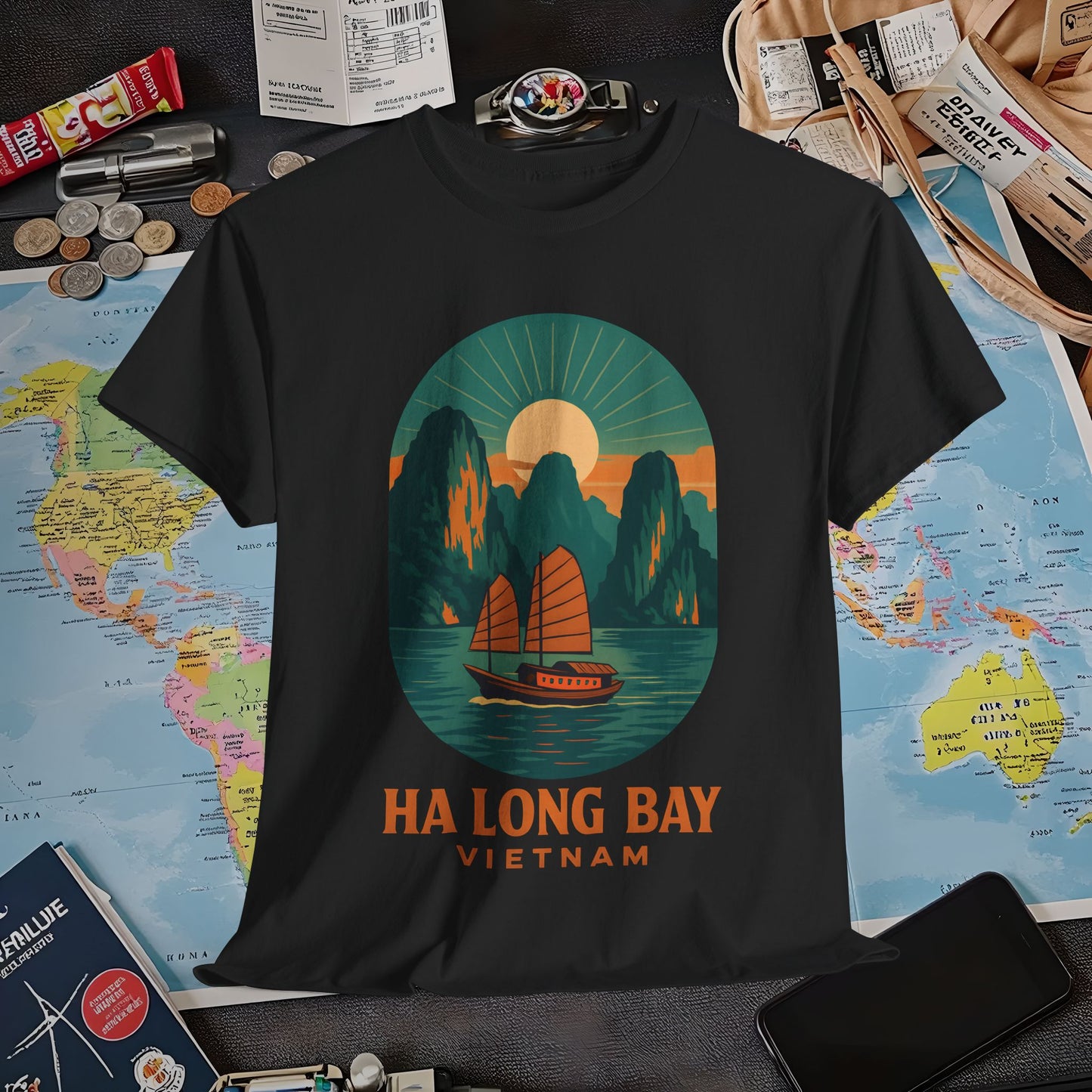 Ha Long Bay Vietnam T-Shirt – Art Deco Junk Boat Travel Shirt for Southeast Asia Lovers Air Travel T-Shirts | Jetsetter, Airport, and International Flight Tees