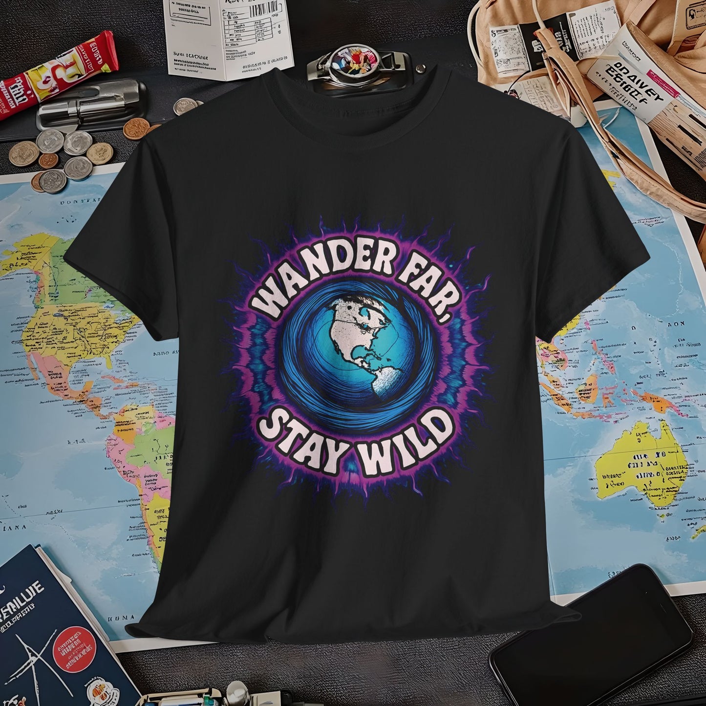 Wander Far, Stay Wild T-Shirt – Globe Burst Adventure Design Air Travel T-Shirts | Jetsetter, Airport, and International Flight Tees