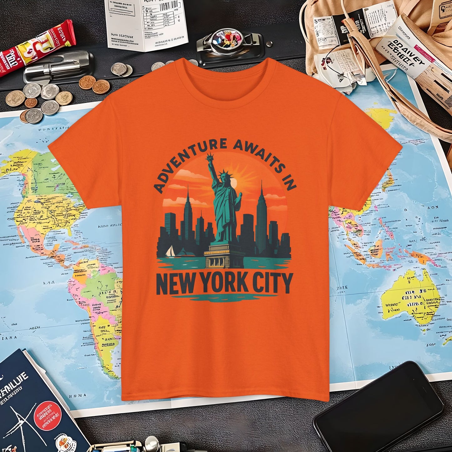 Adventure Awaits in New York City T-Shirt – Sunset Skyline with Statue of Liberty Design Air Travel T-Shirts | Jetsetter, Airport, and International Flight Tees