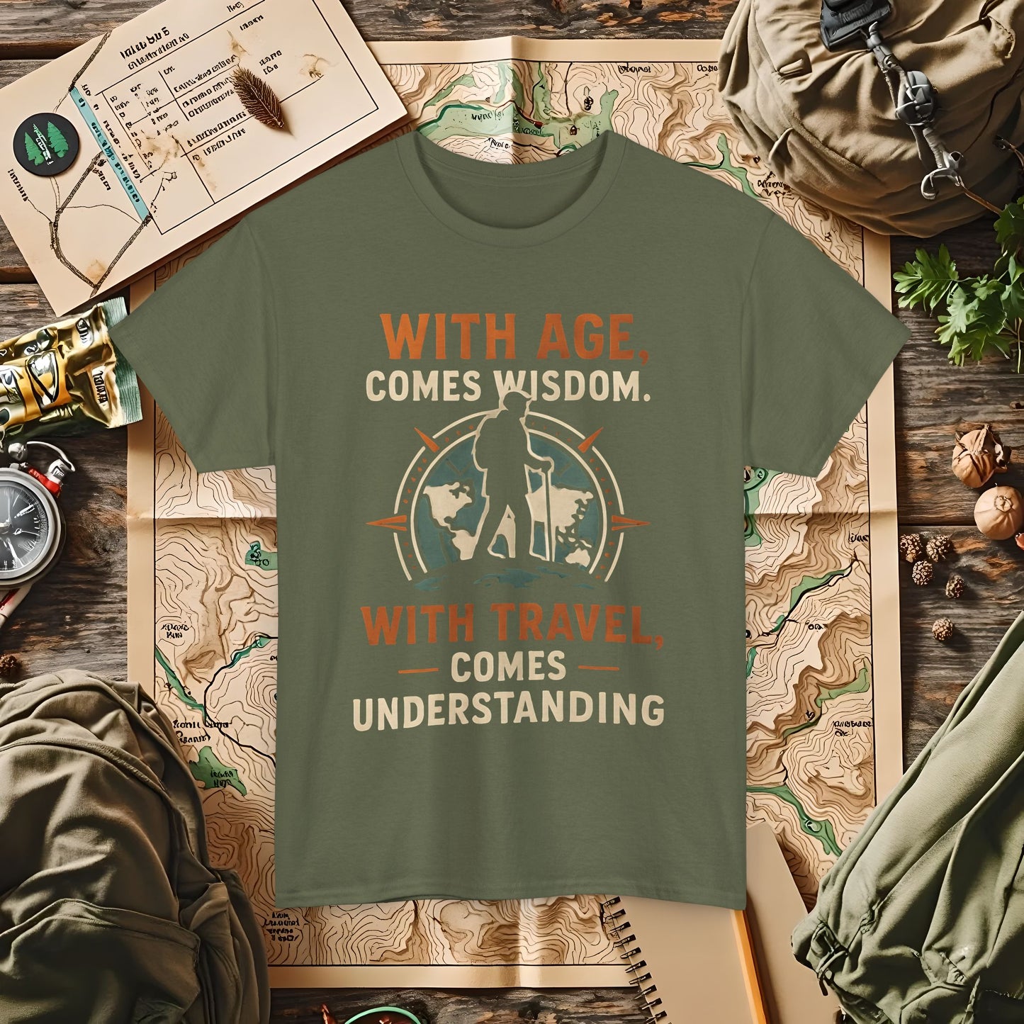 With Age Comes Wisdom, With Travel Comes Understanding Tee – Explorer Compass Design | Camping, Hiking, Rafting & Kayaking Tees for Nature Lovers