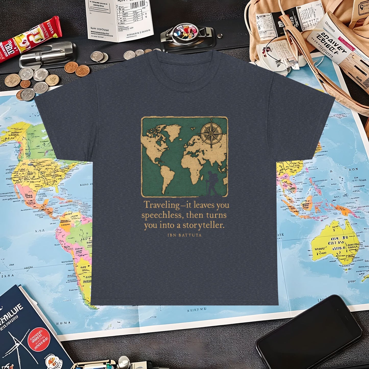 Speechless to Storyteller – Vintage Map Wanderlust Quote Tee Air Travel T-Shirts | Jetsetter, Airport, and International Flight Tees