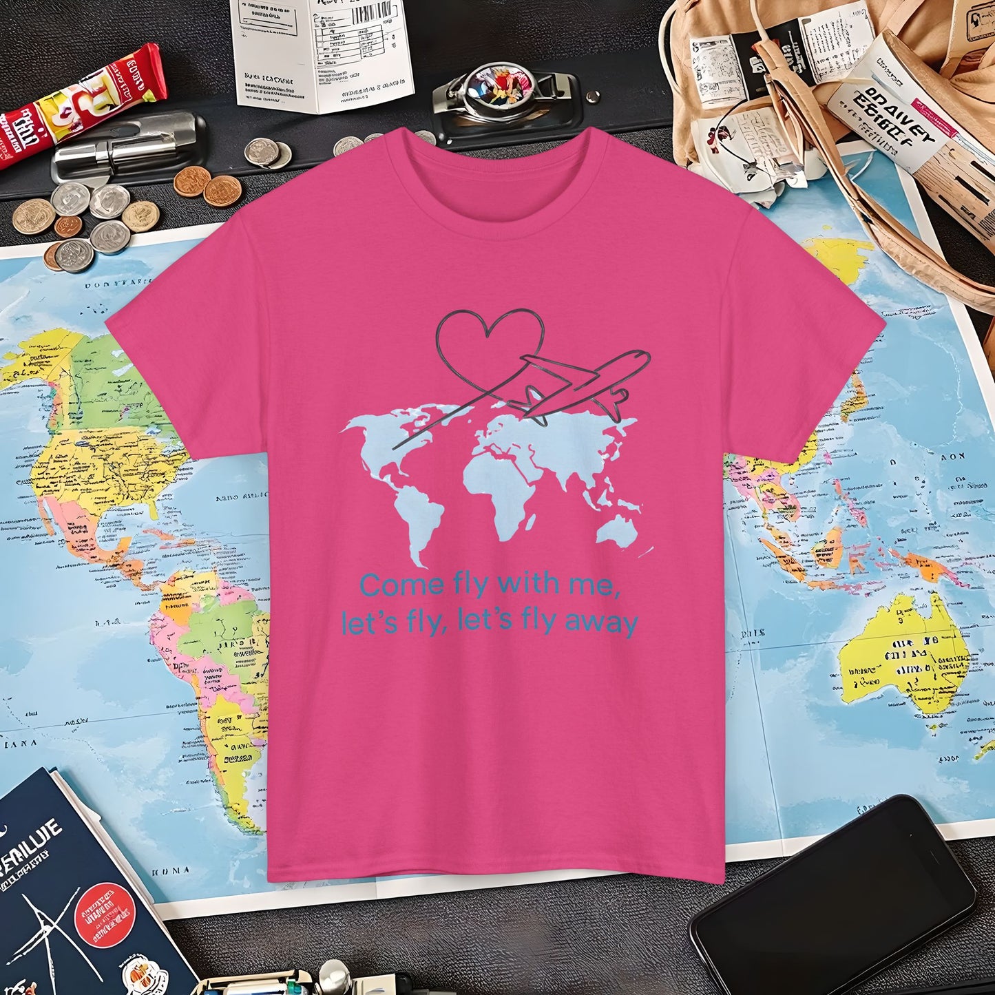 Come Fly With Me T-Shirt – Heart-Loop Airplane Over World Map Design Air Travel T-Shirts | Jetsetter, Airport, and International Flight Tees