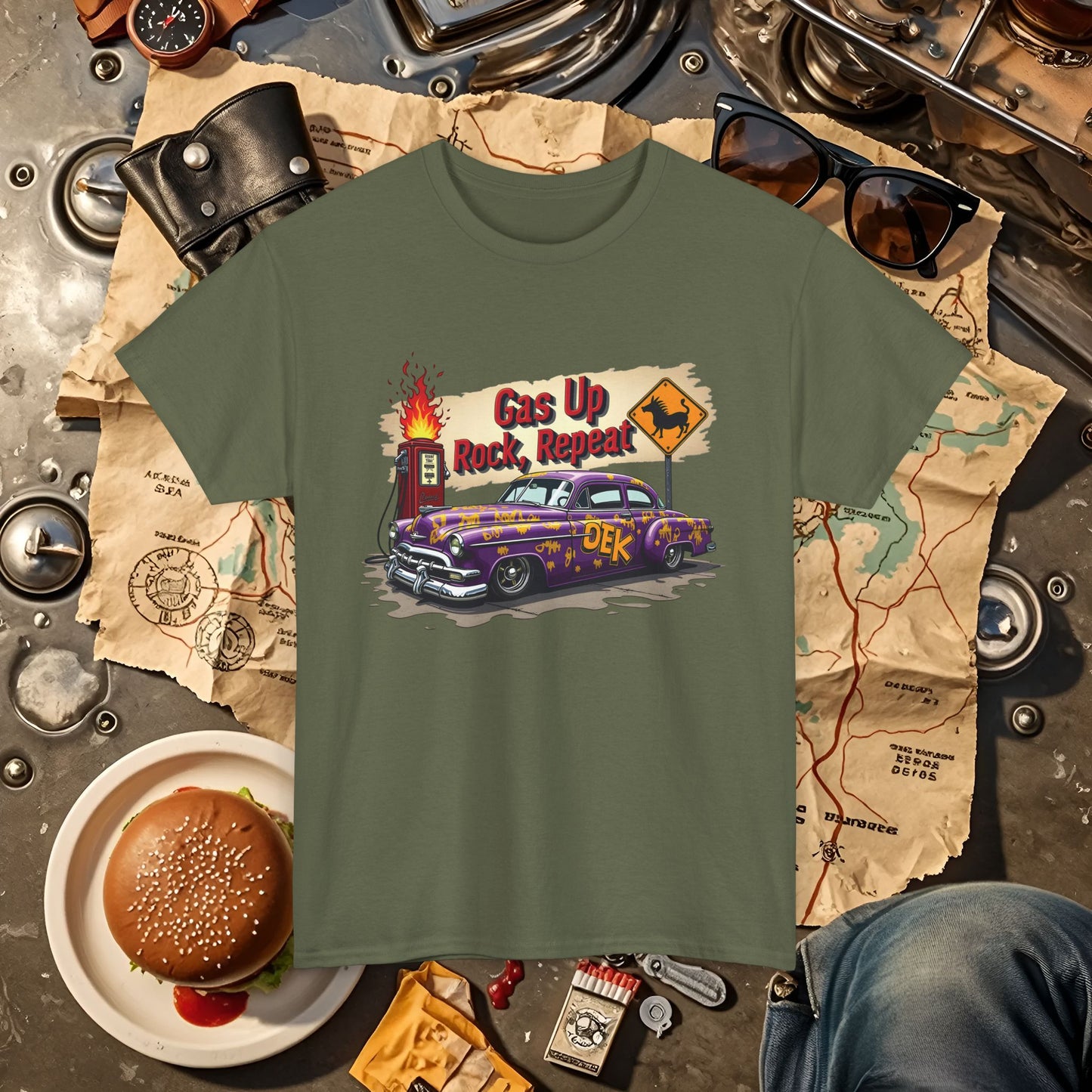 Gas Up, Rock and Repeat Road Trip & Vehicle Travel T-Shirts | Car, RV, and Motorcycle Adventure Tees