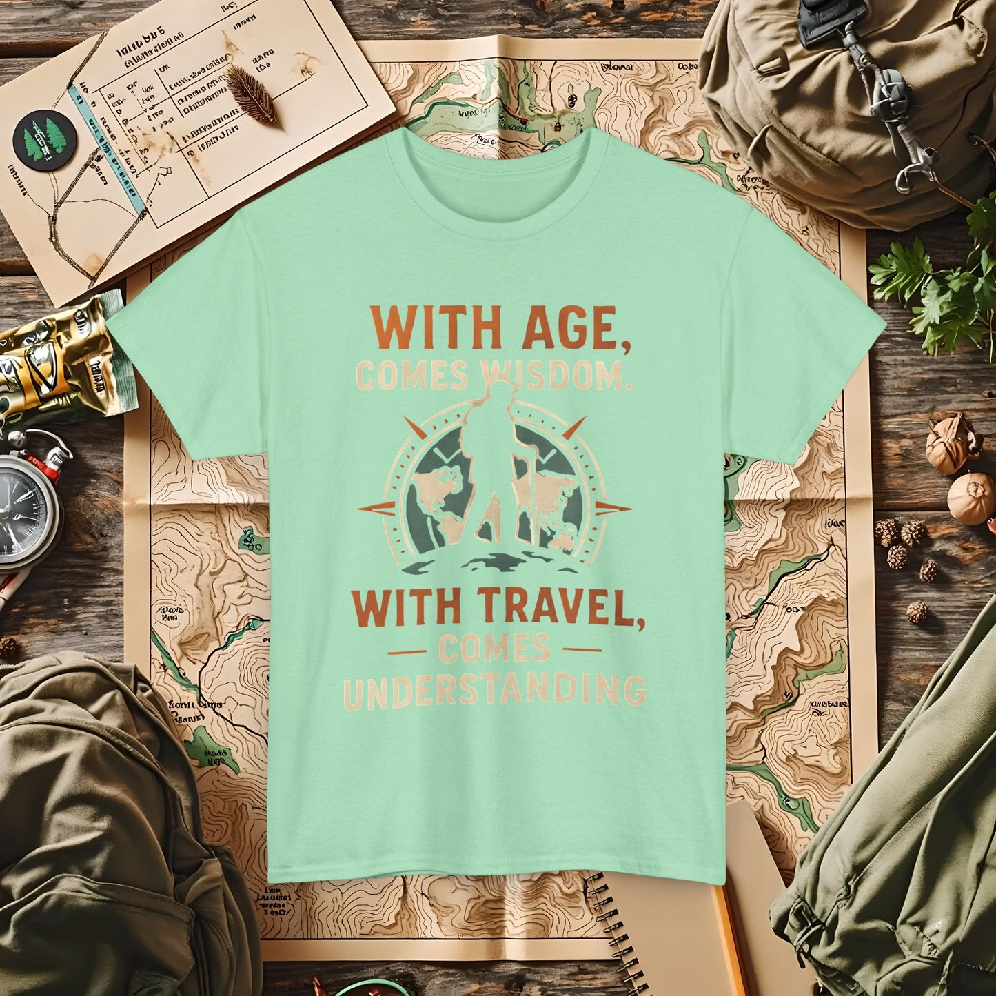 With Age Comes Wisdom, With Travel Comes Understanding Tee – Explorer Compass Design | Camping, Hiking, Rafting & Kayaking Tees for Nature Lovers