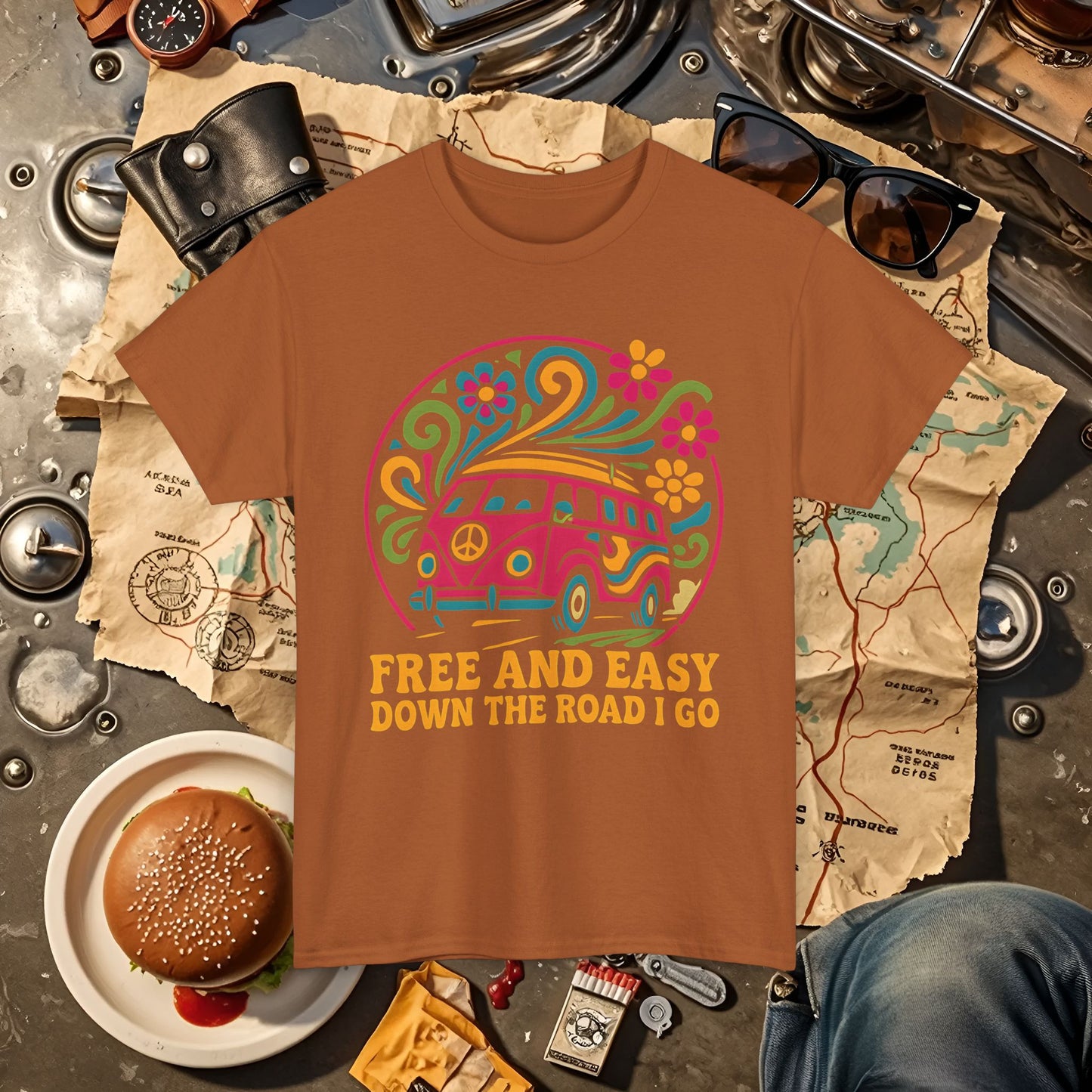 Free and Easy T-Shirt – Retro Hippie Van with Floral Freedom Vibes