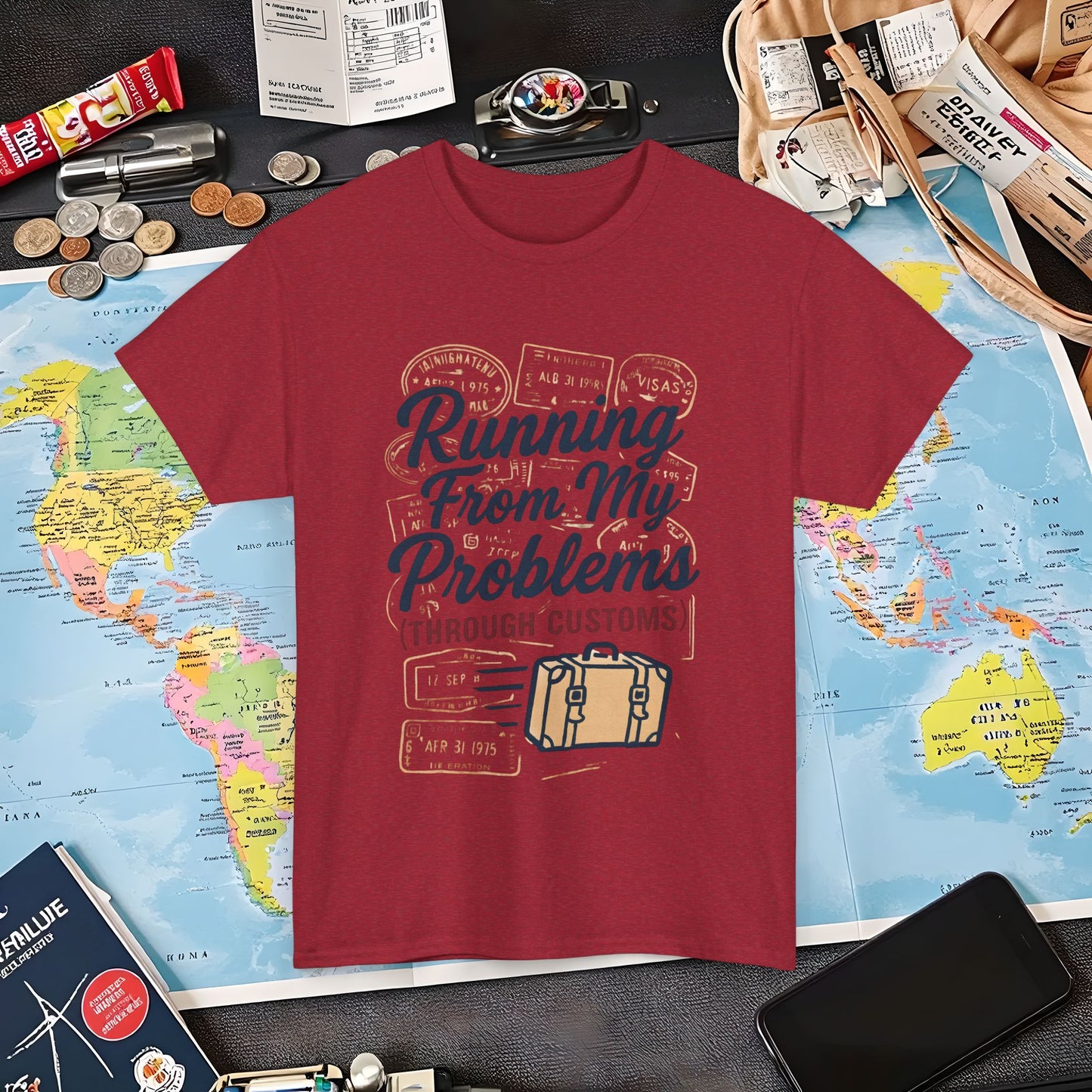 Running From My Problems Through Customs – Vintage Travel Quote Tee with Passport Stamps Air Travel T-Shirts | Jetsetter, Airport, and International Flight Tees