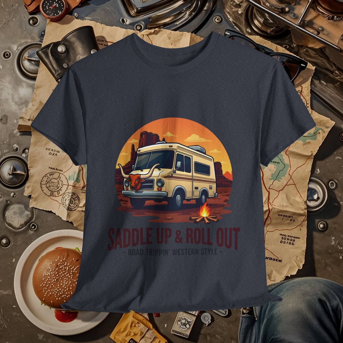 Saddle Up and Roll out Road Trip & Vehicle Travel T-Shirts | Car, RV, and Motorcycle Adventure Tees