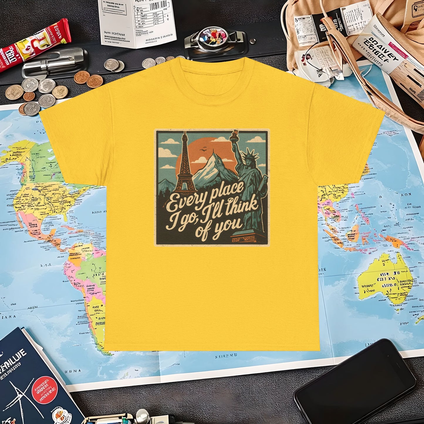 Every Place I Go, I’ll Think of You T-Shirt – Vintage Postcard Travel Collage with Iconic Landmarks Air Travel T-Shirts | Jetsetter, Airport, and International Flight Tees