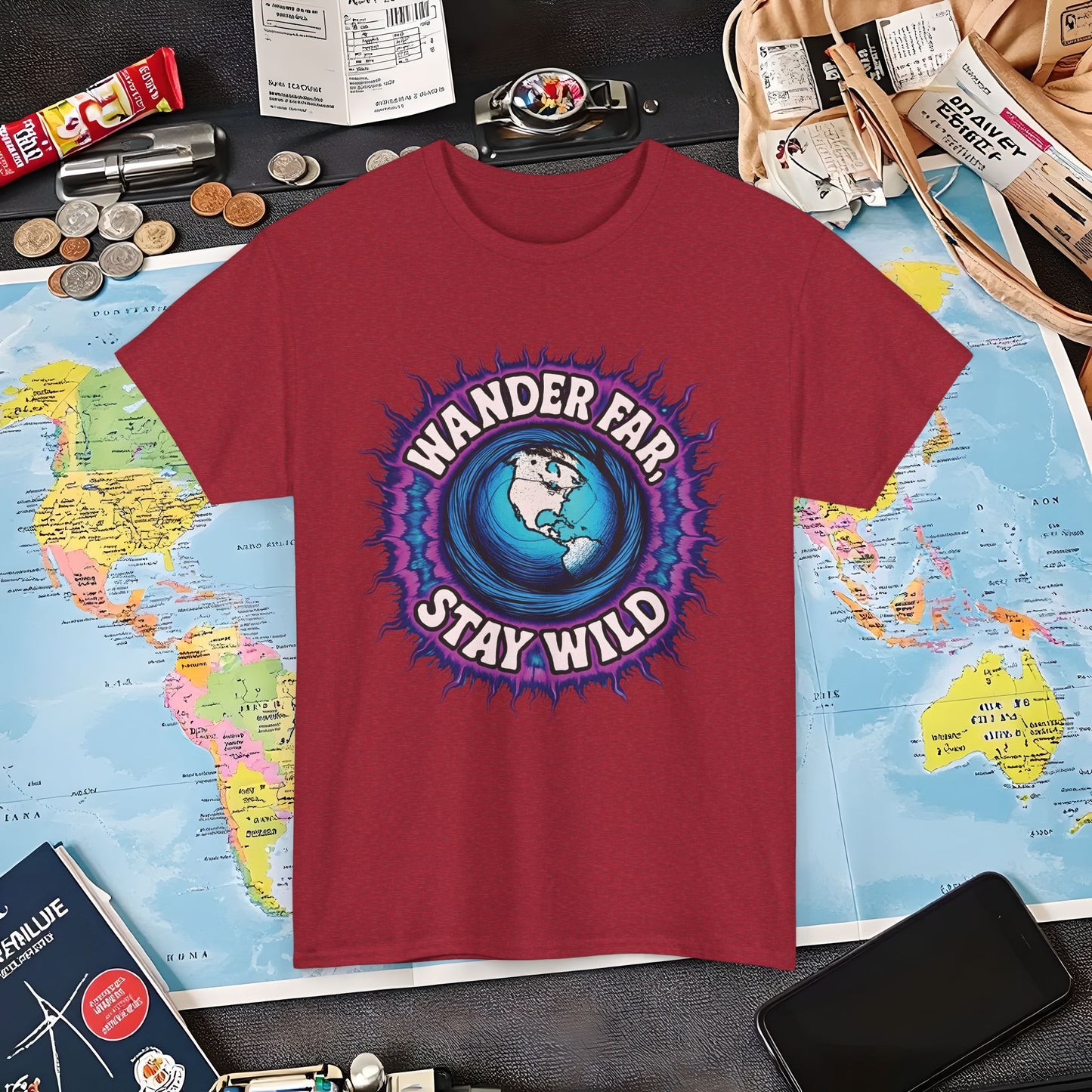 Wander Far, Stay Wild T-Shirt – Globe Burst Adventure Design Air Travel T-Shirts | Jetsetter, Airport, and International Flight Tees