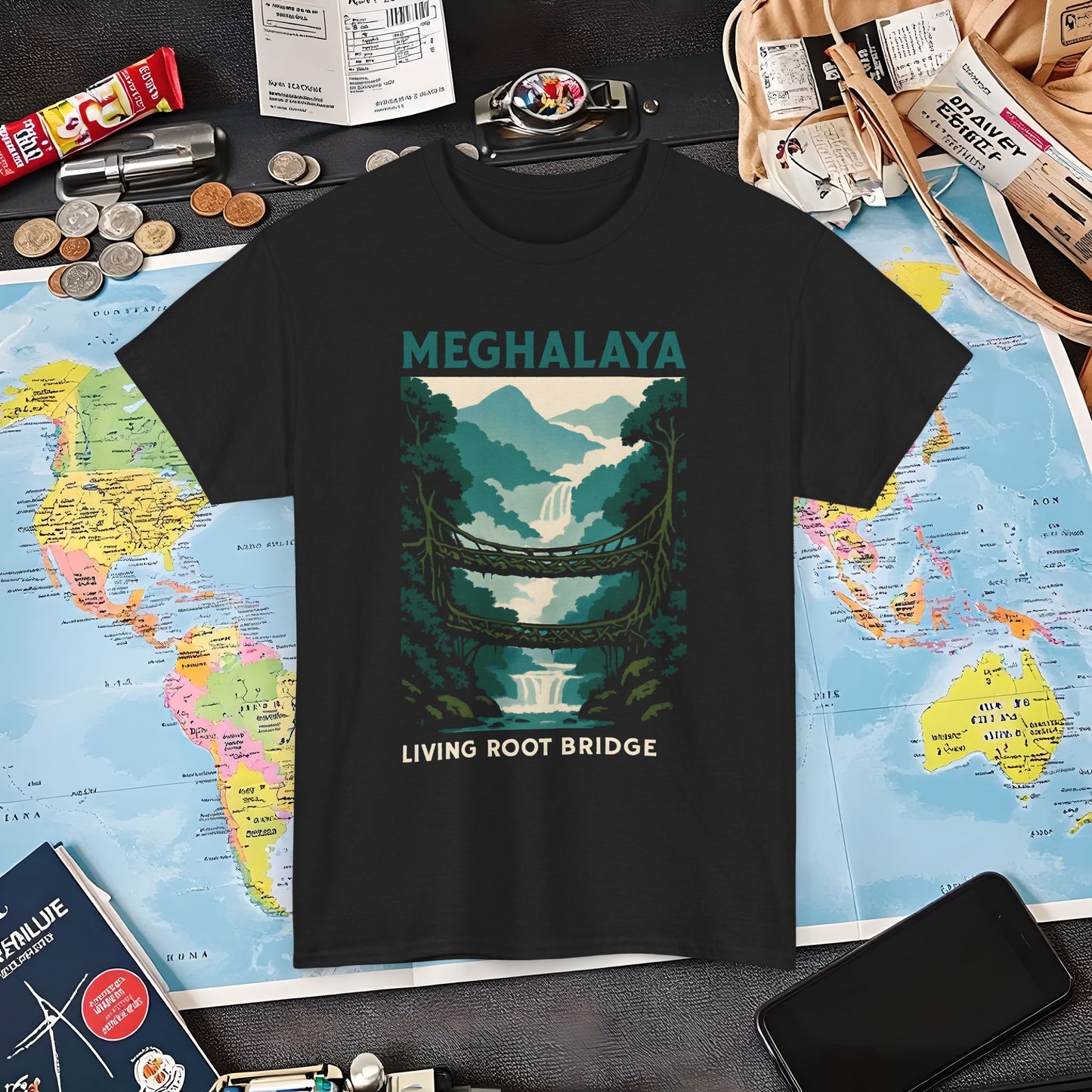 Living Root Bridges of Meghalaya – Hidden India Nature Adventure Tee Air Travel T-Shirts | Jetsetter, Airport, and International Flight Tees