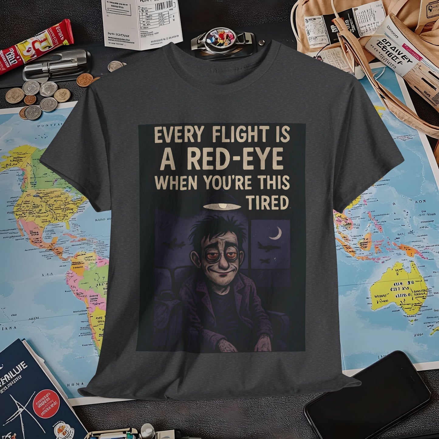 Every Flight Is a Red Eye Tee – Exhausted Traveler Comic Noir Shirt Air Travel T-Shirts | Jetsetter, Airport, and International Flight Tees