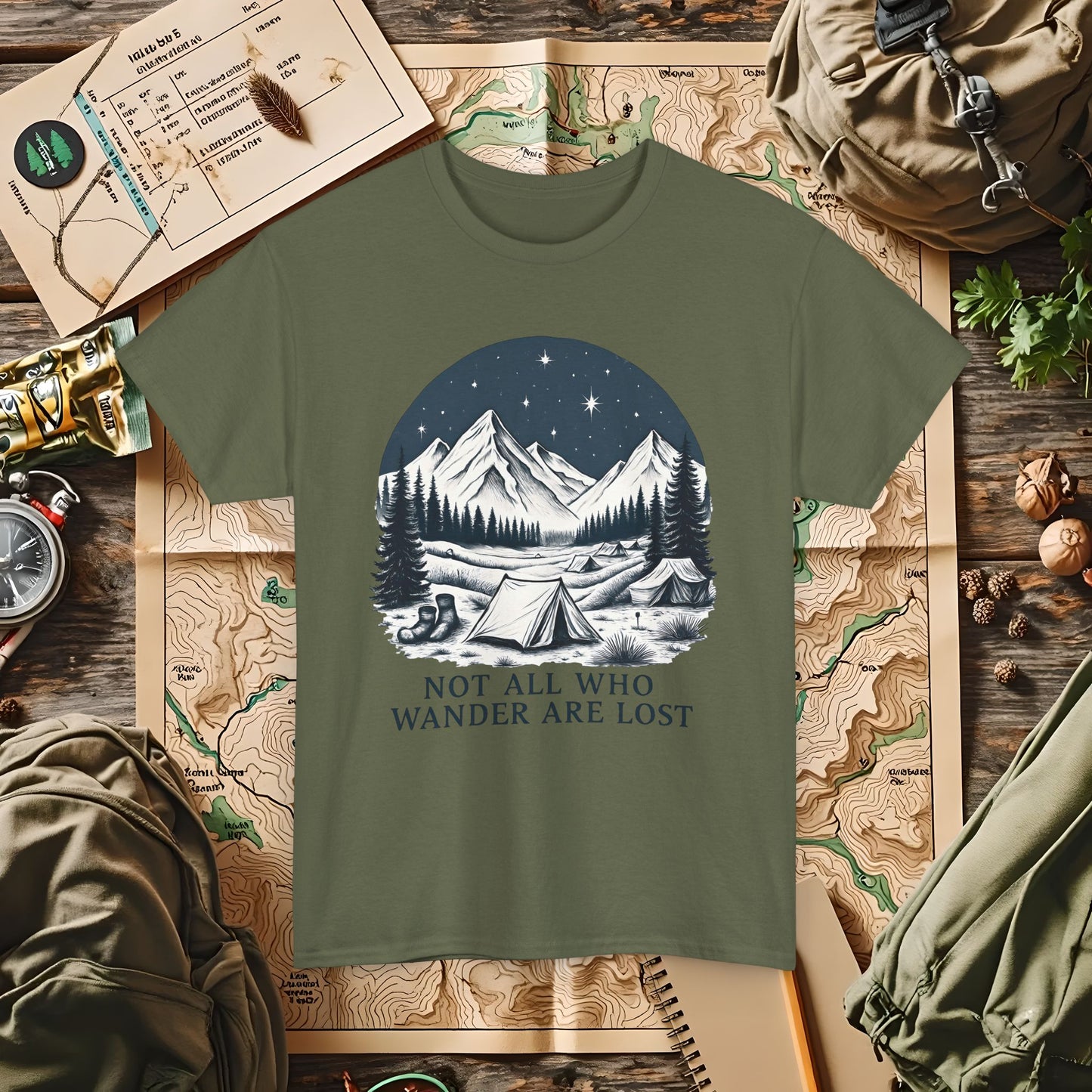 Not All Who Wander Are Lost T-Shirt – Mountain Camping Under Starry Night Camping, Hiking, Rafting & Kayaking Tees for Nature Lovers