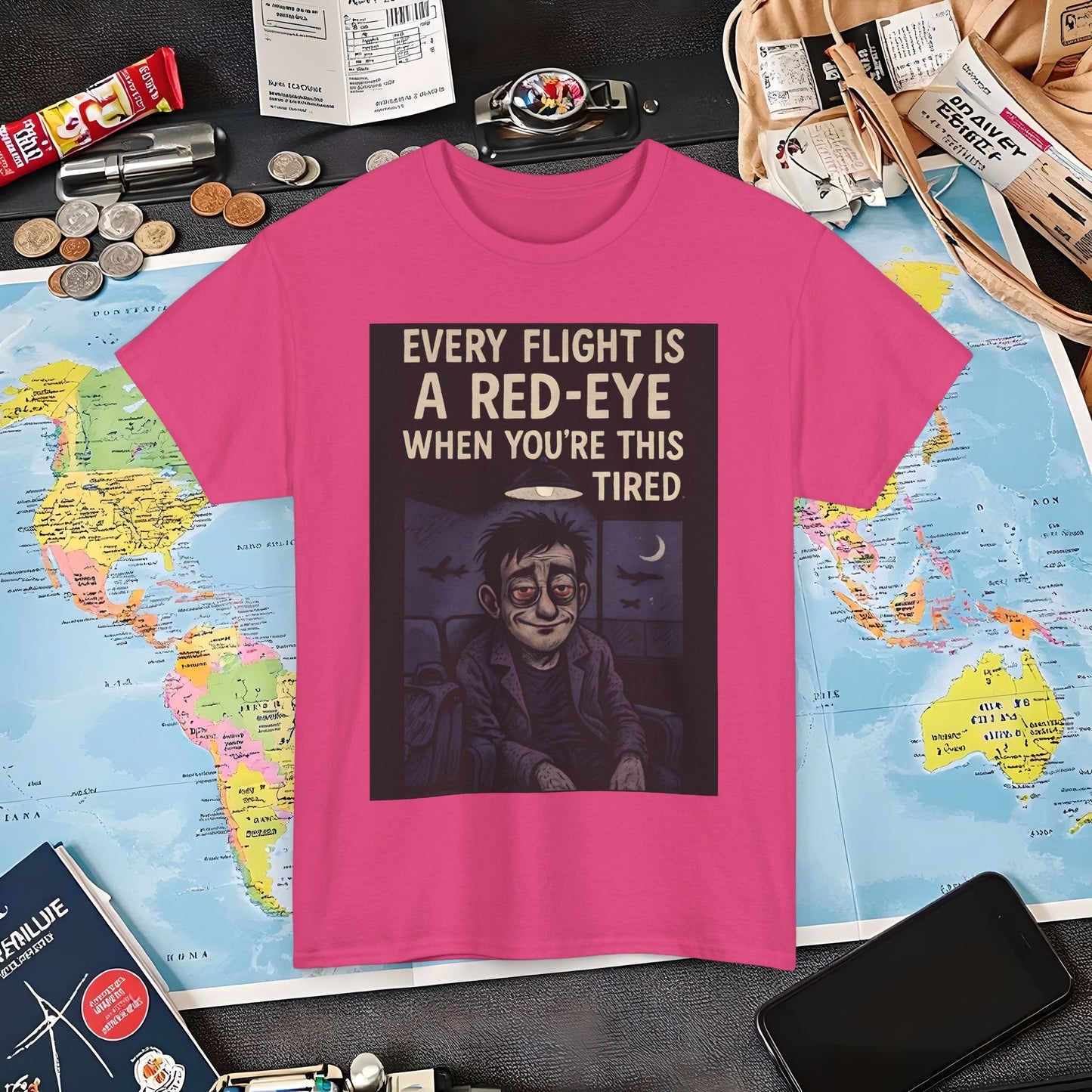 Every Flight Is a Red Eye Tee – Exhausted Traveler Comic Noir Shirt Air Travel T-Shirts | Jetsetter, Airport, and International Flight Tees