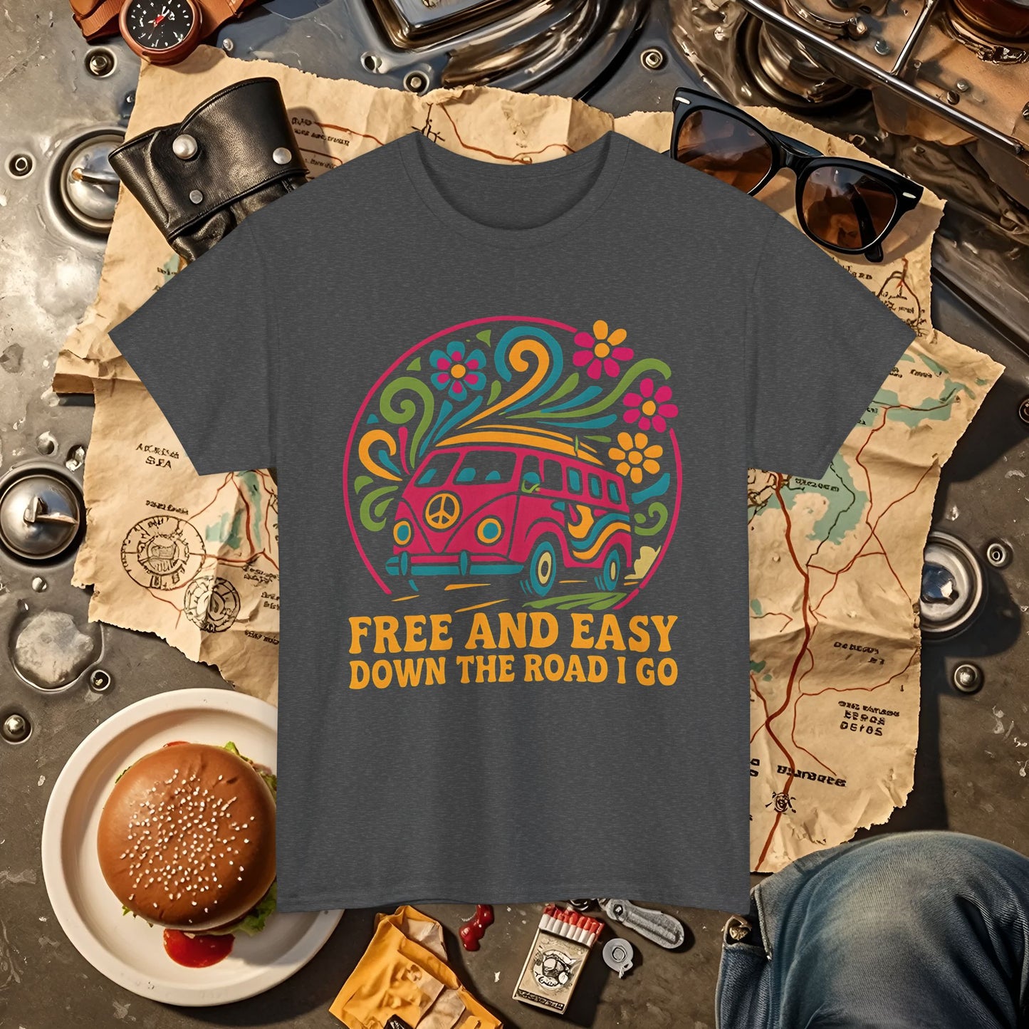 Free and Easy T-Shirt – Retro Hippie Van with Floral Freedom Vibes