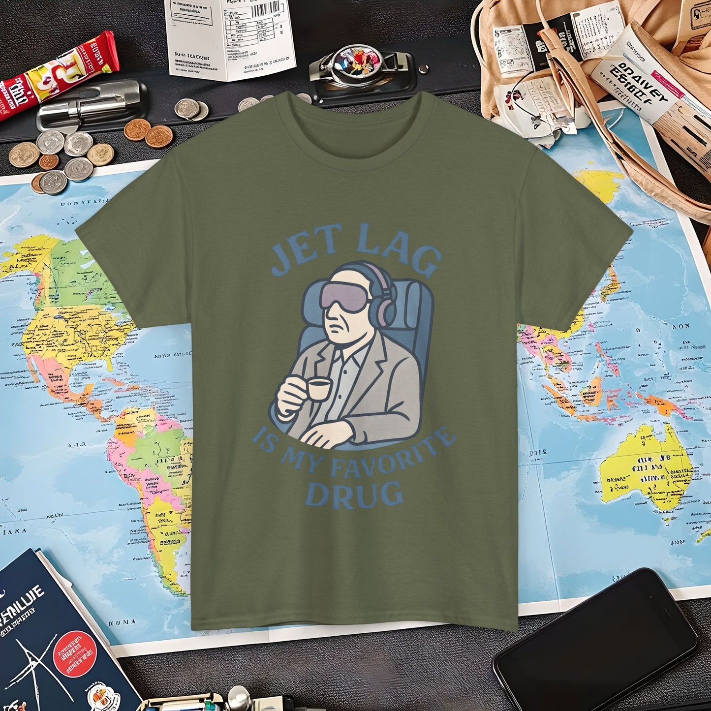 Jet Lag Is My Favorite Drug – Vintage Espresso & Travel Vibes Tee Air Travel T-Shirts | Jetsetter, Airport, and International Flight Tees