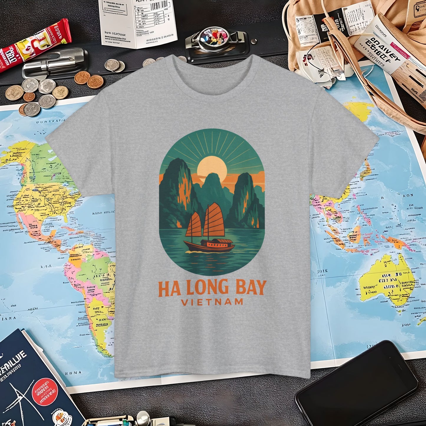 Ha Long Bay Vietnam T-Shirt – Art Deco Junk Boat Travel Shirt for Southeast Asia Lovers Air Travel T-Shirts | Jetsetter, Airport, and International Flight Tees