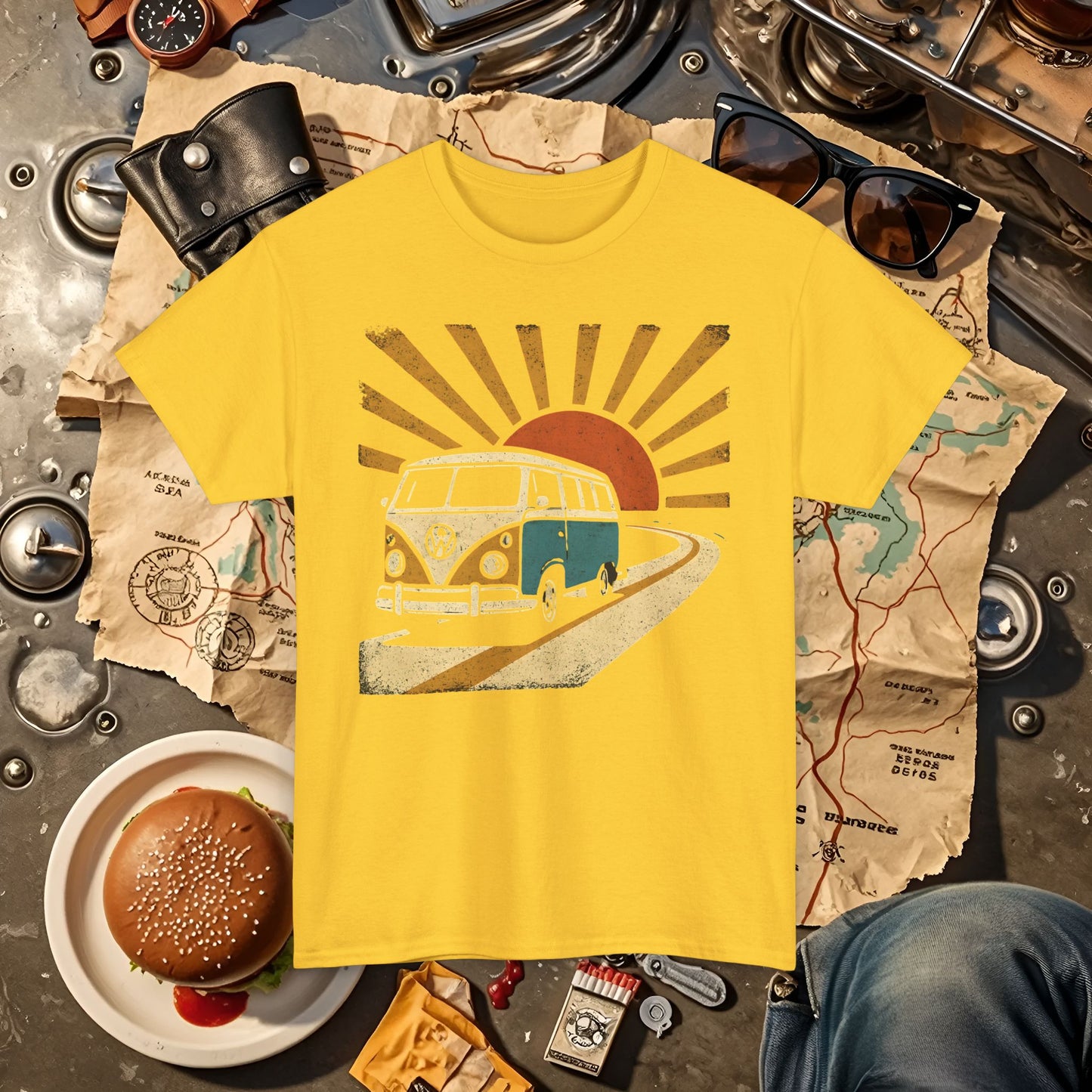 Sunset Road Trip T-Shirt – Vintage VW Van Adventure Design